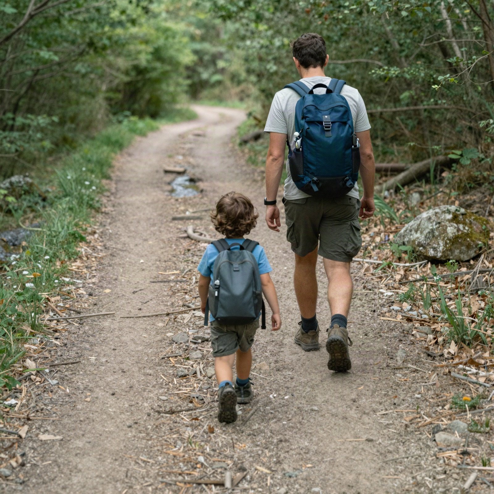 A father and young son walking a forest trail with small backpacks