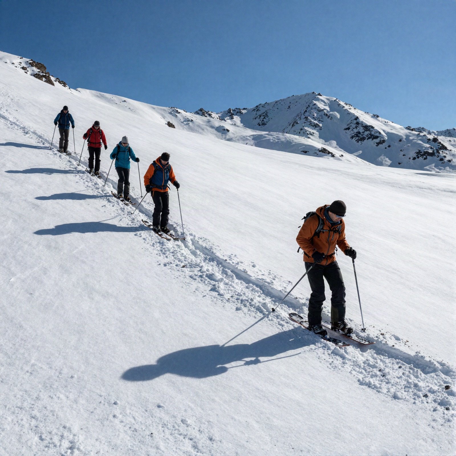 A line of snowshoers crossing a snowy mountain slope under a blue sky