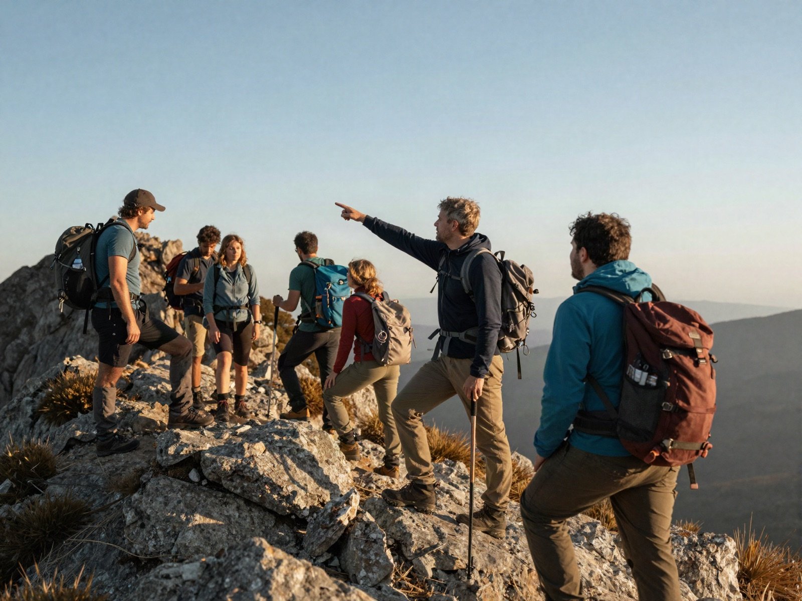 A guide pointing out the route to a group of hikers on a rocky ridge at sunset
