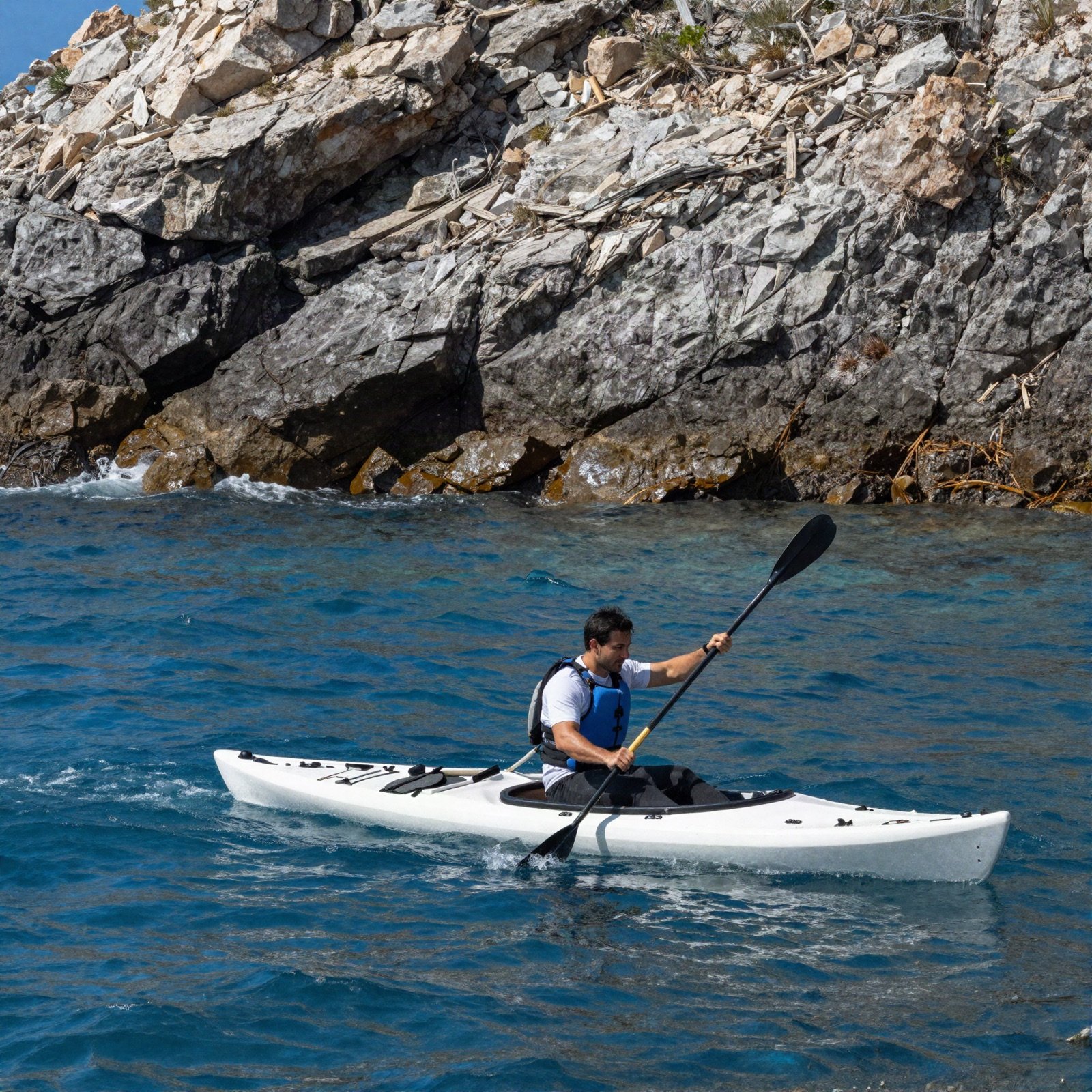 A sea kayaker paddling a white kayak beside a rocky coastline