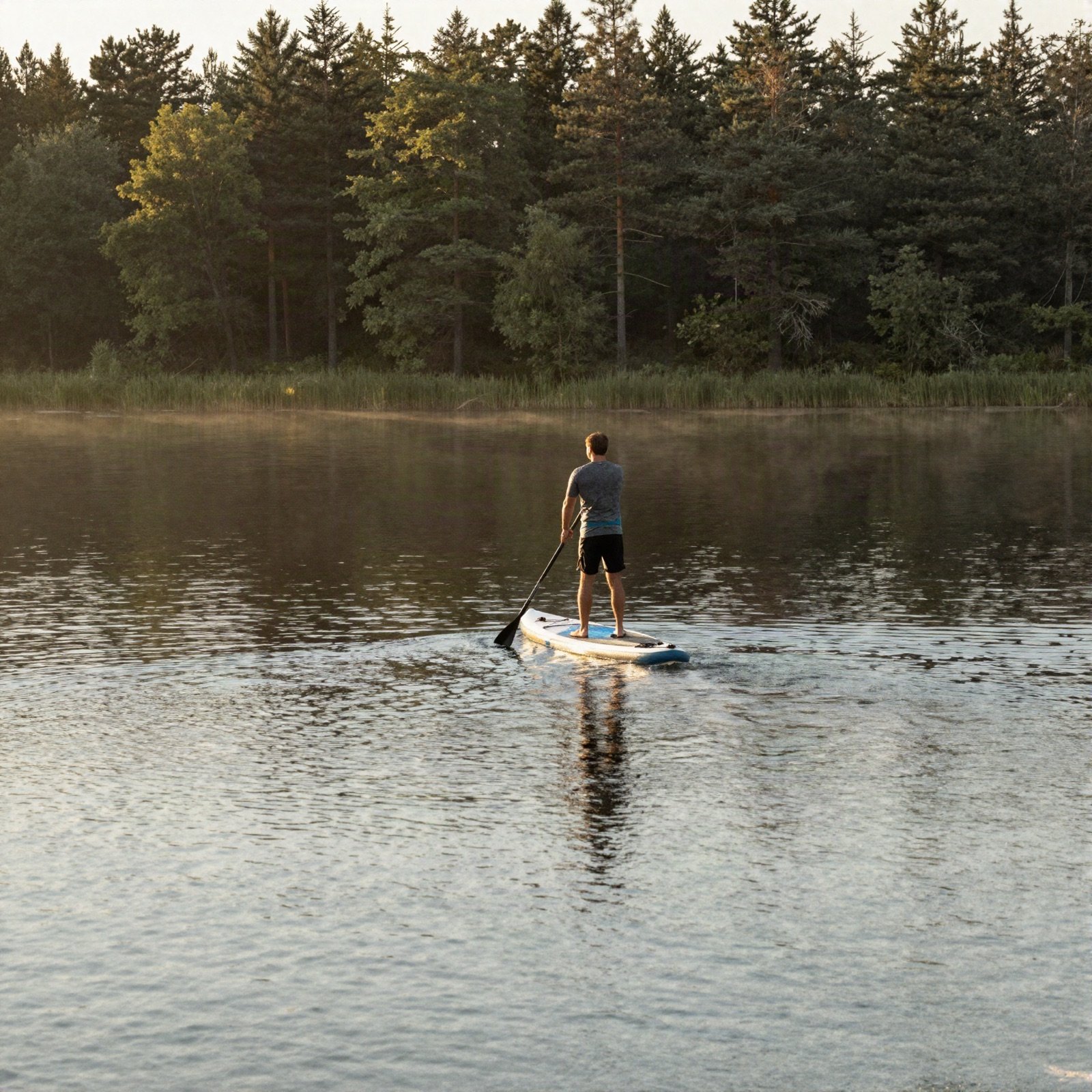 A stand-up paddleboarder on a calm lake at sunrise