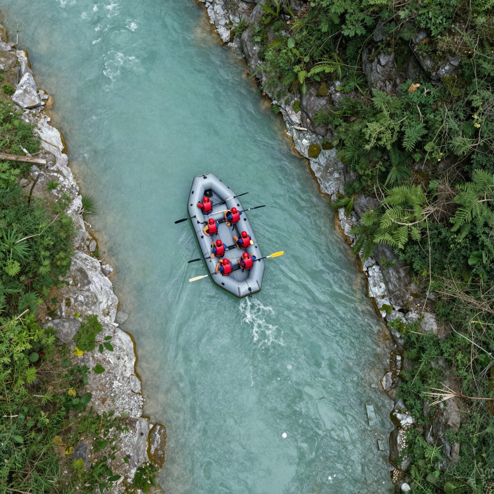 Aerial view of a raft on a turquoise river through a green gorge