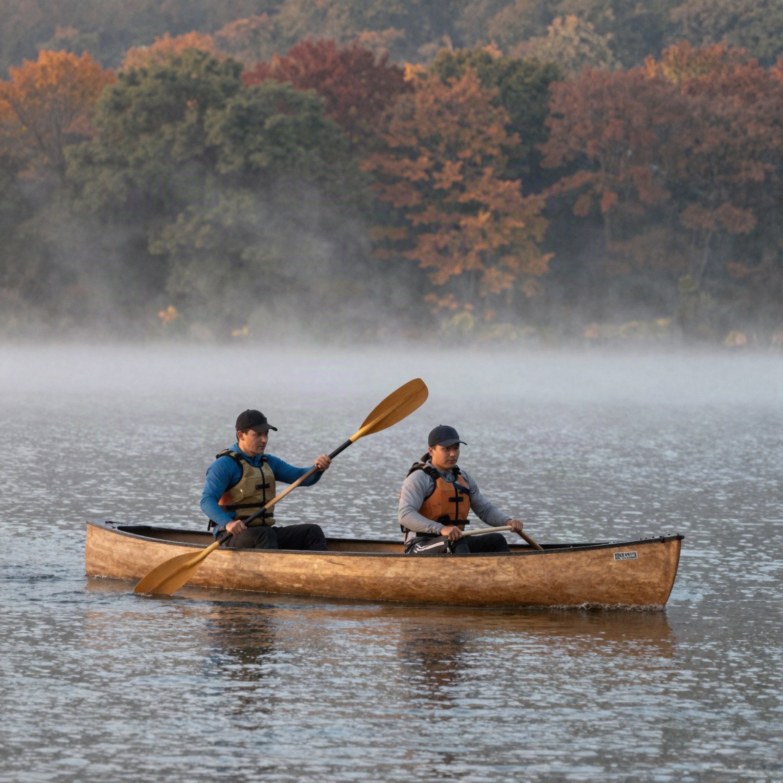 Two people paddling a wooden canoe across a misty autumn lake