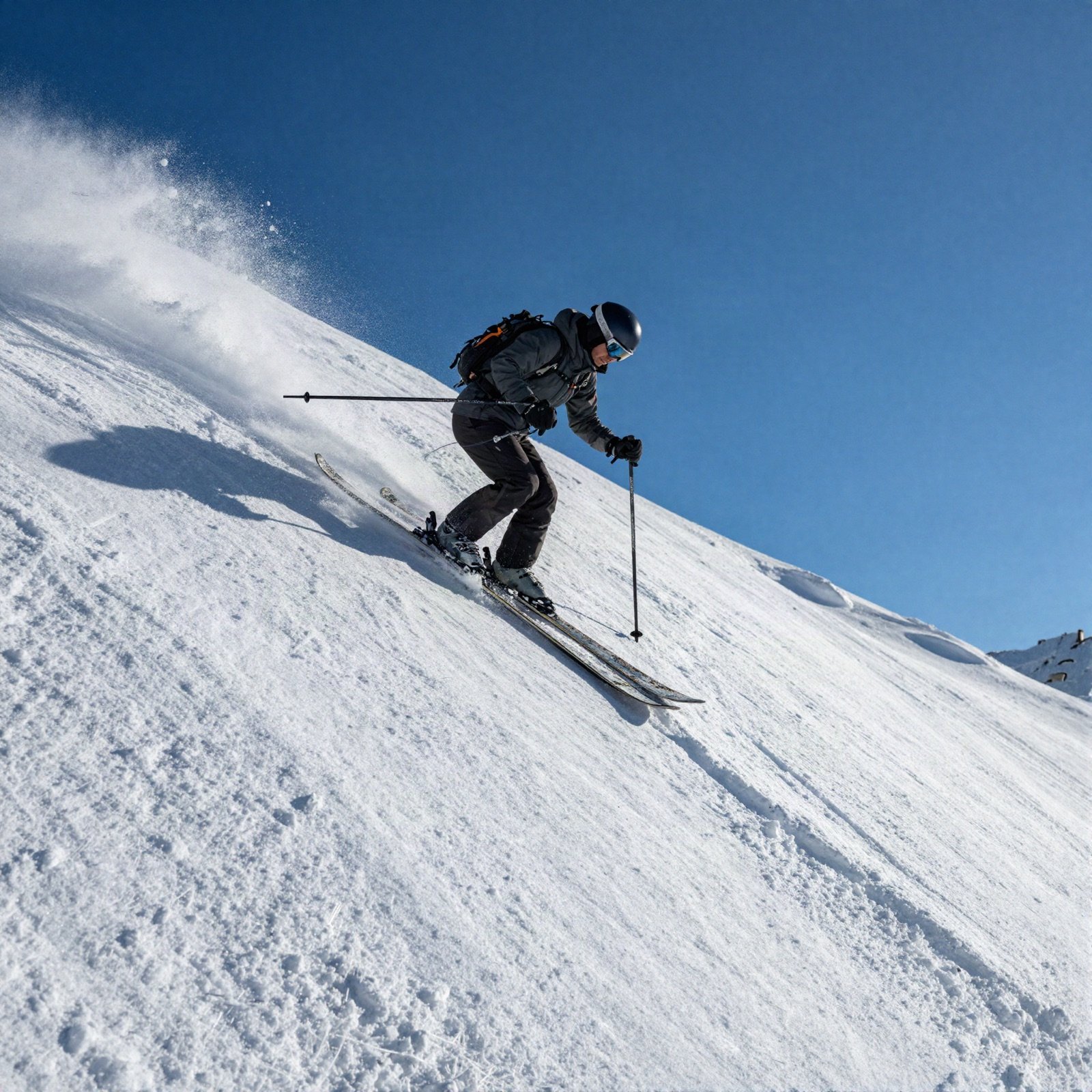 A skier descending a steep snowy slope under a deep blue sky