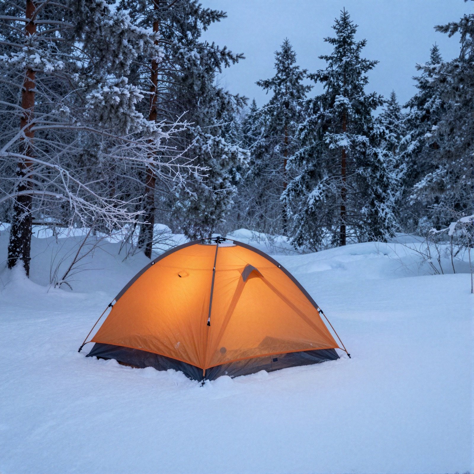 An orange tent pitched in deep snow among frosted pine trees