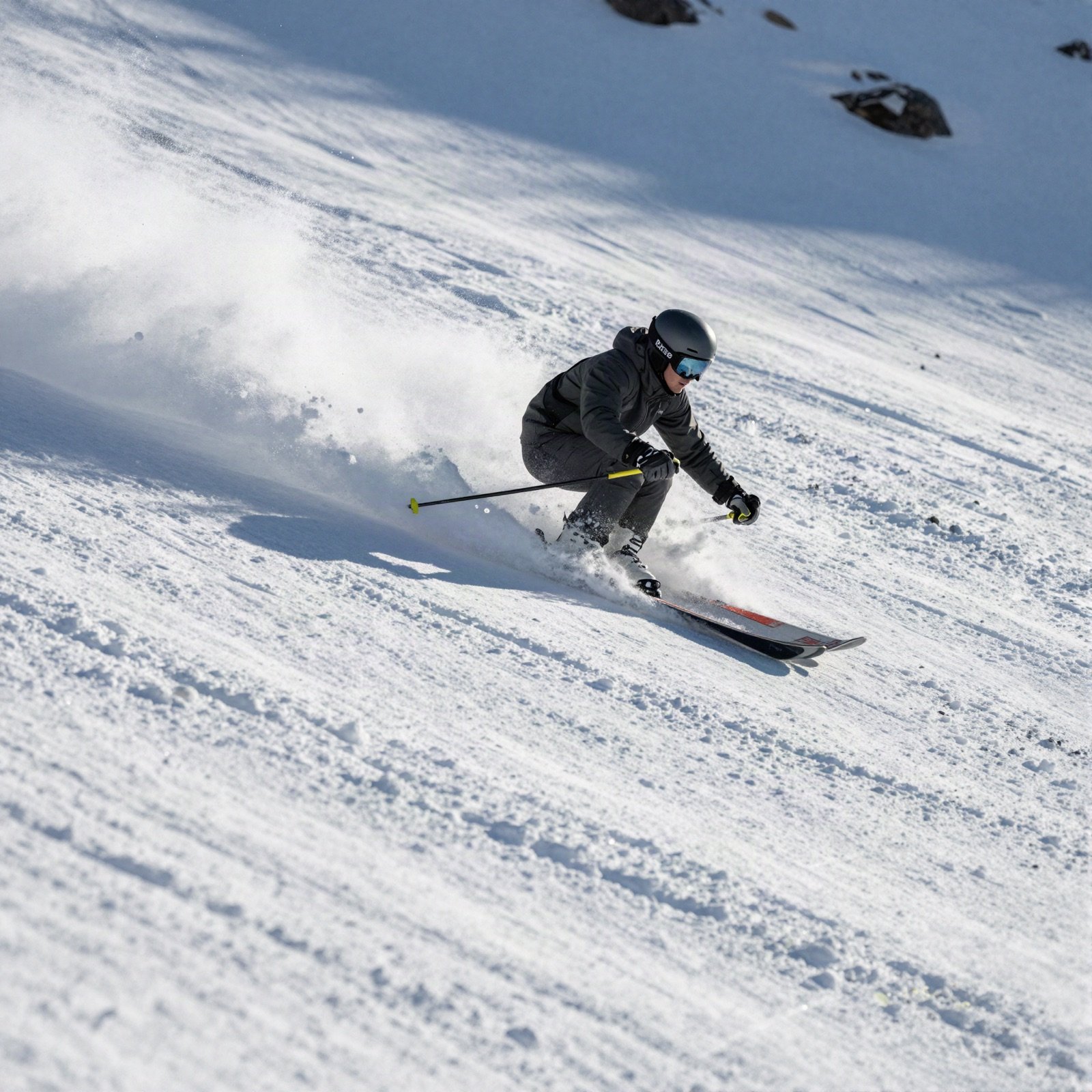 A skier carving through fresh powder snow