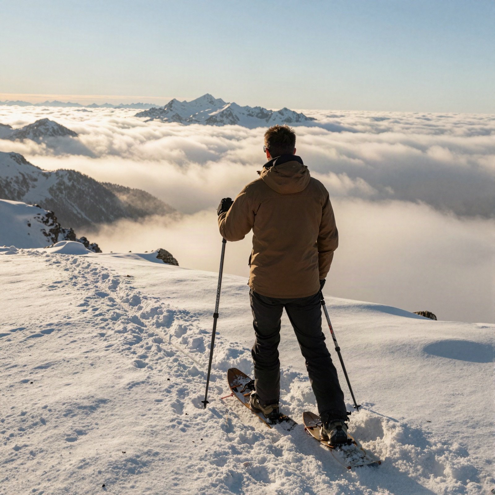 A snowshoe hiker on a snowy summit above a sea of clouds
