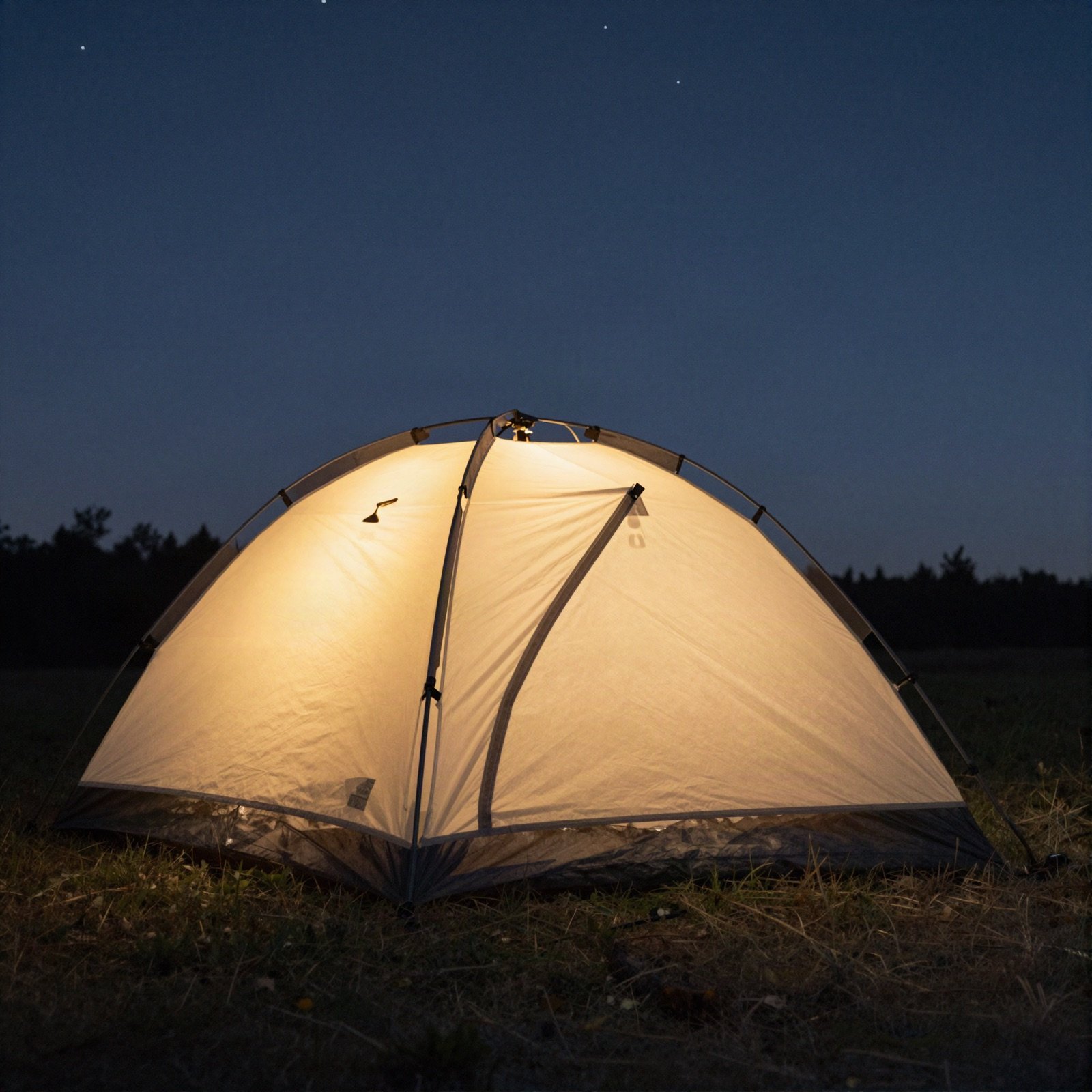 A tent glowing from inside under the night sky