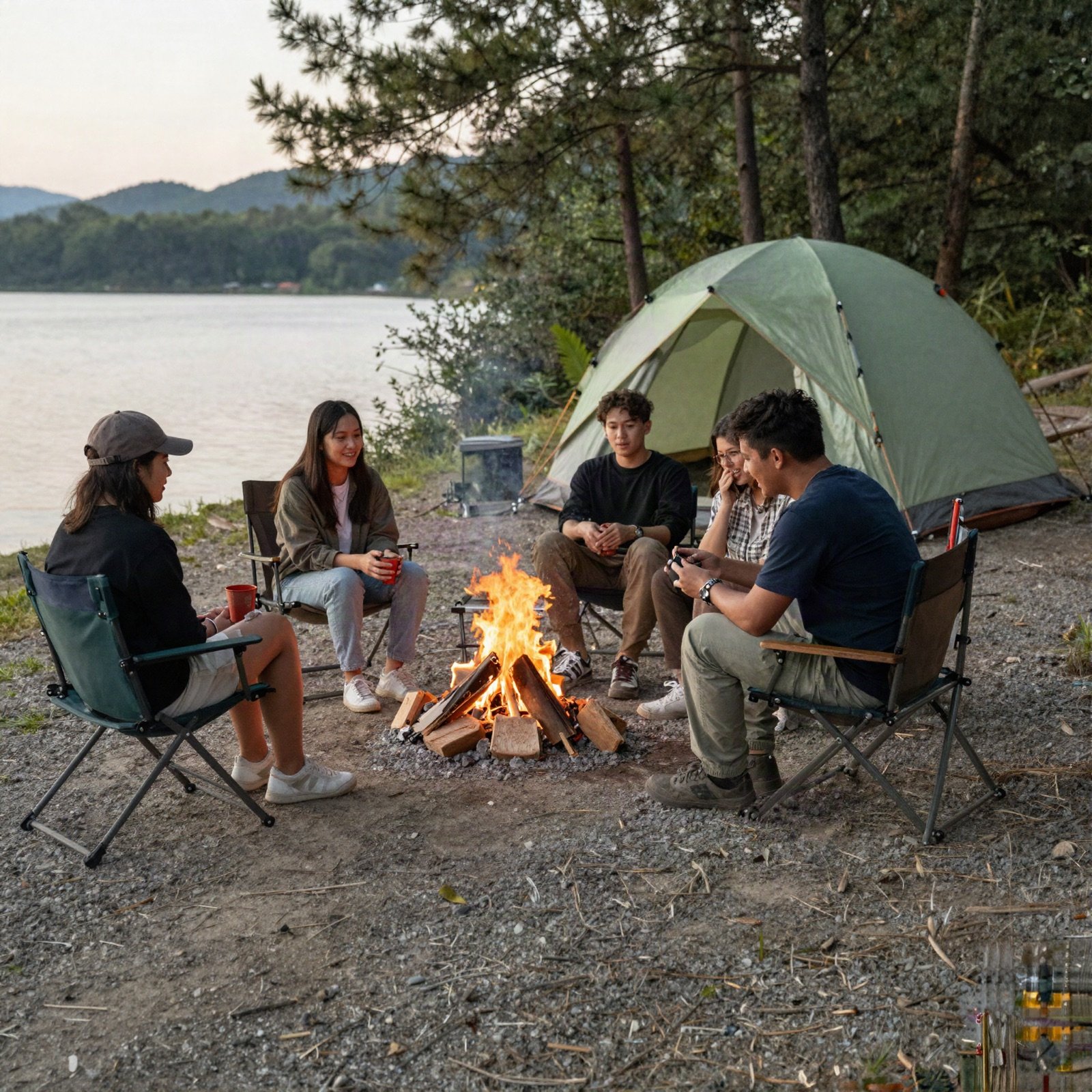 Friends sitting around a campfire by a lake with tents and pine trees