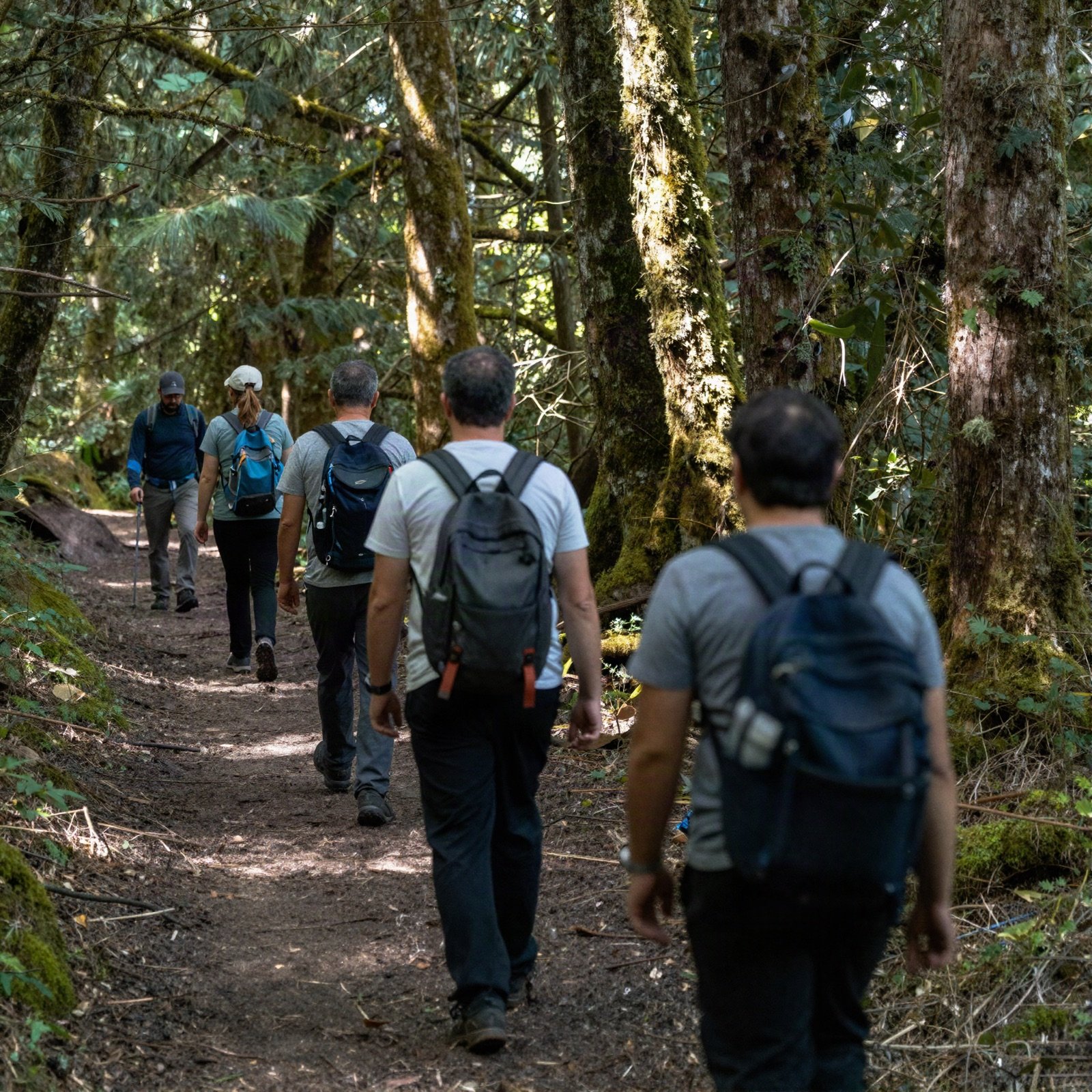 A small group of hikers walking a shaded forest trail