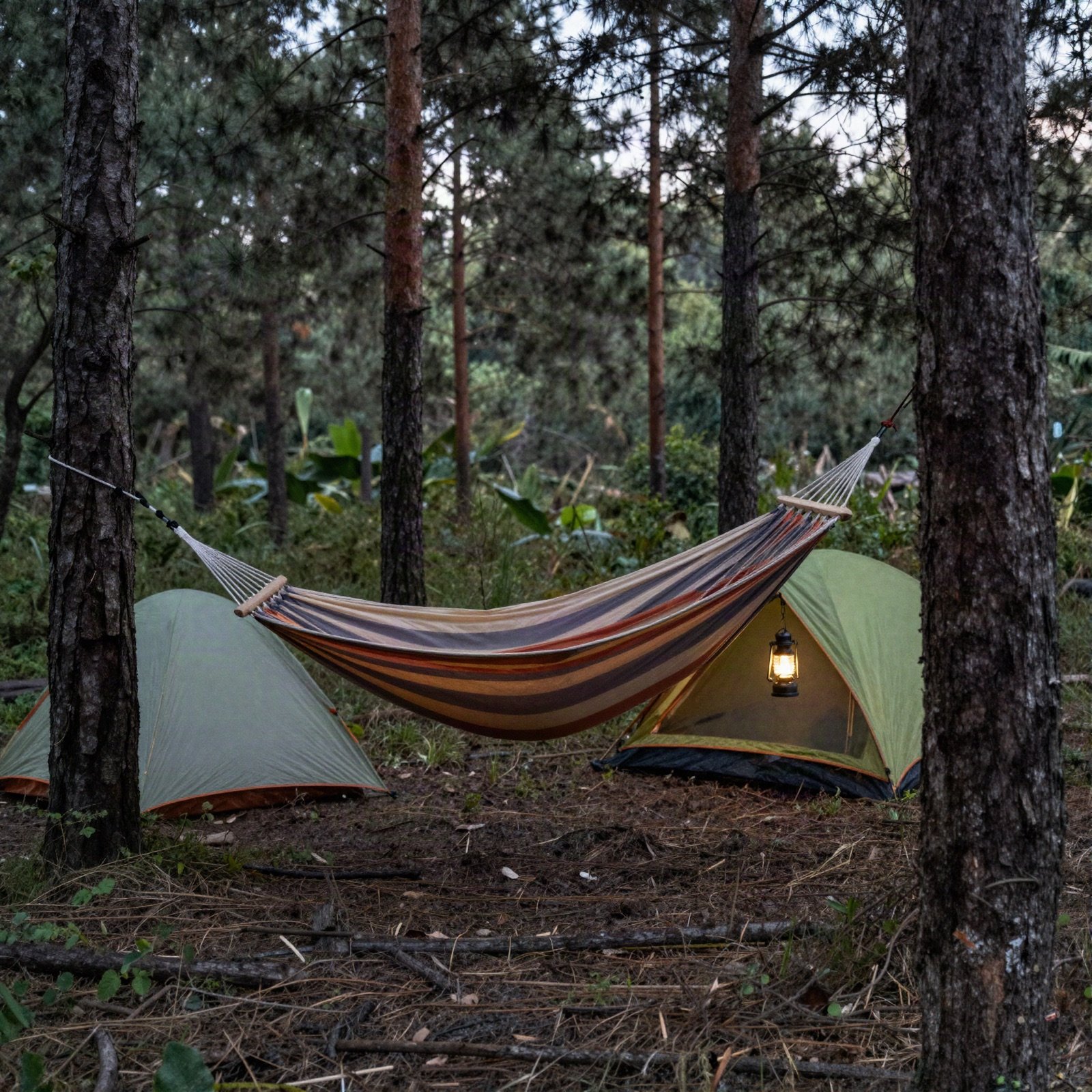 A striped hammock and two tents at a pine forest camp