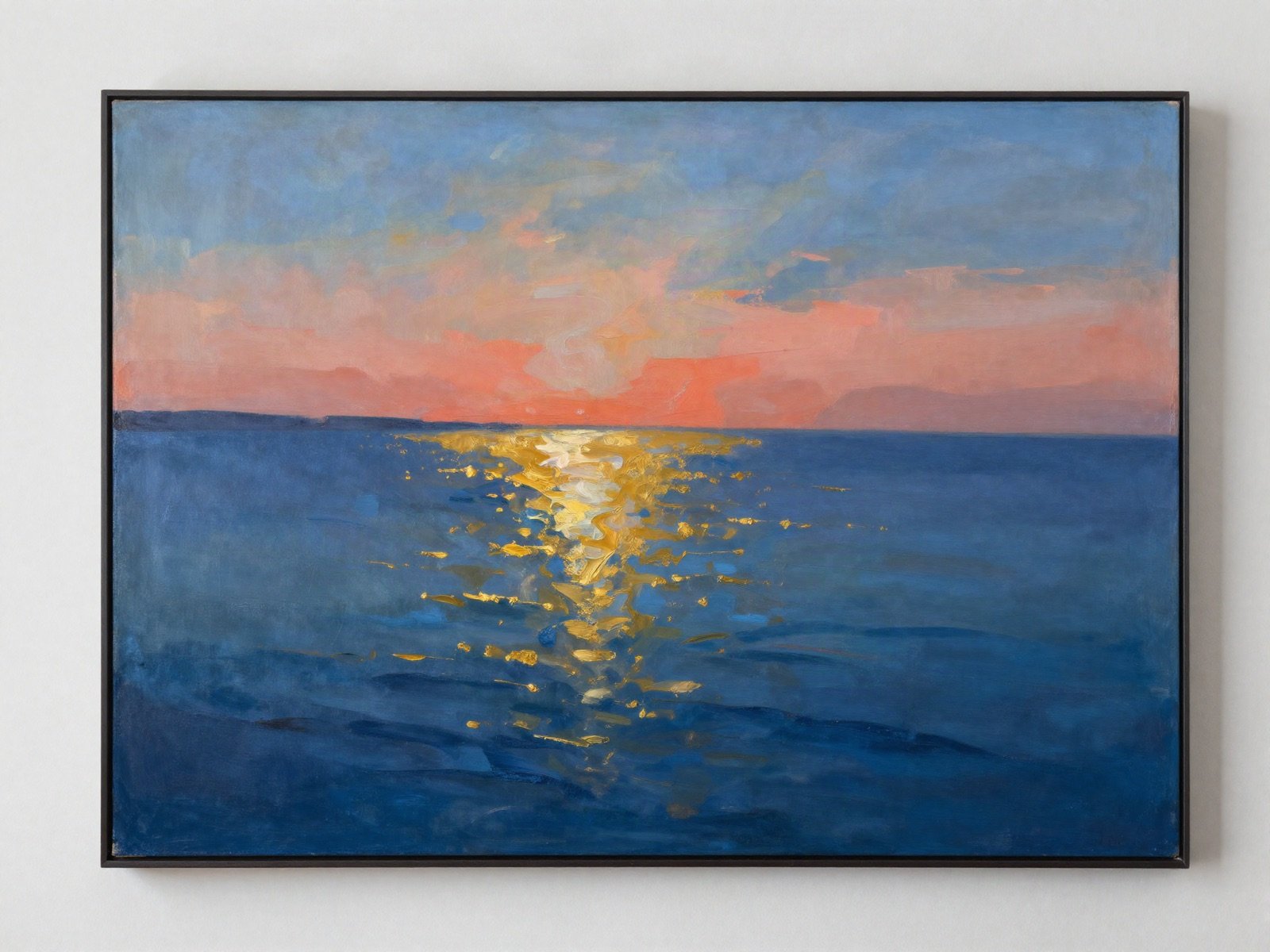 An abstract painting of a deep blue sea under a coral and gold sunset on a white wall