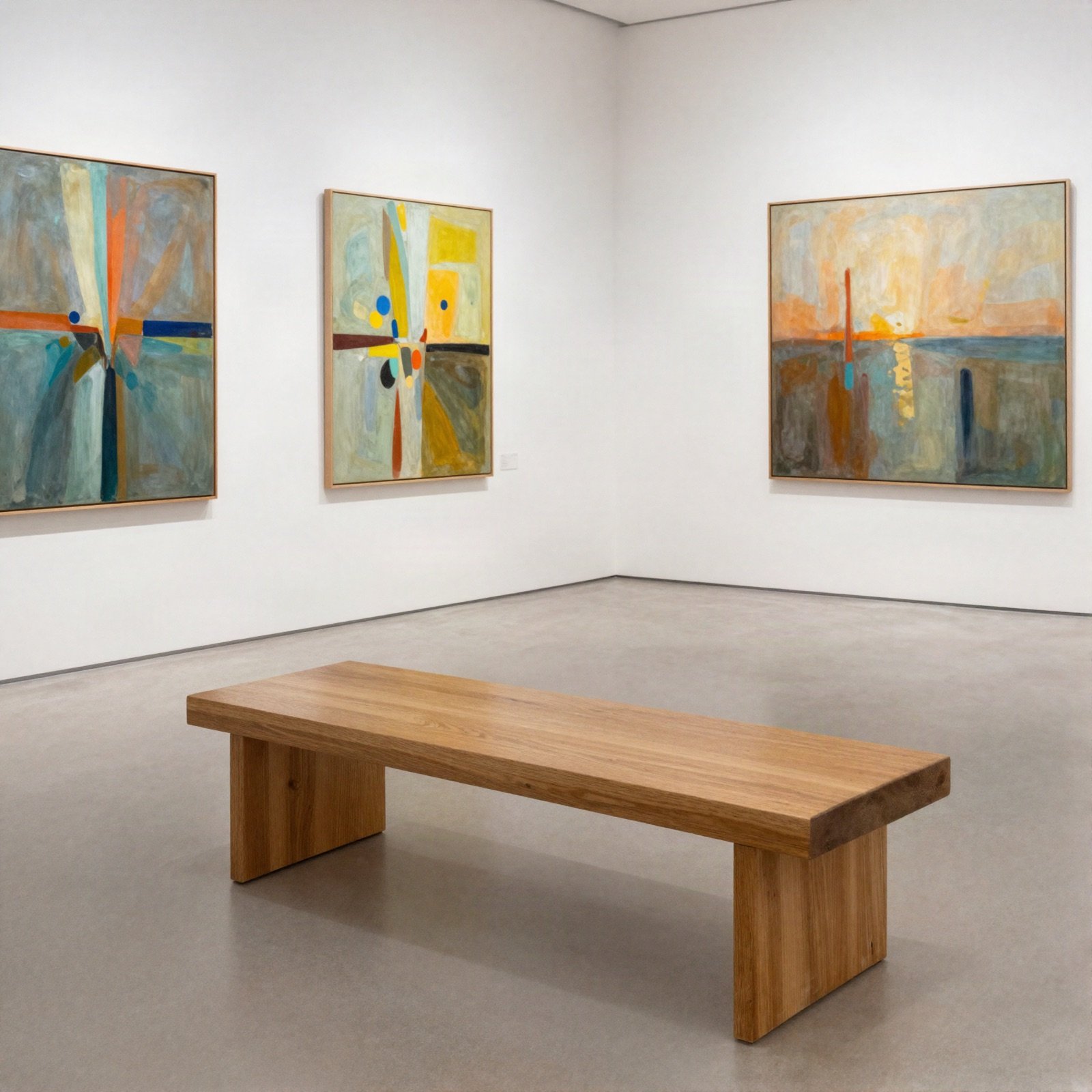 Colourful abstract paintings on the white walls of a modern gallery with a wooden bench