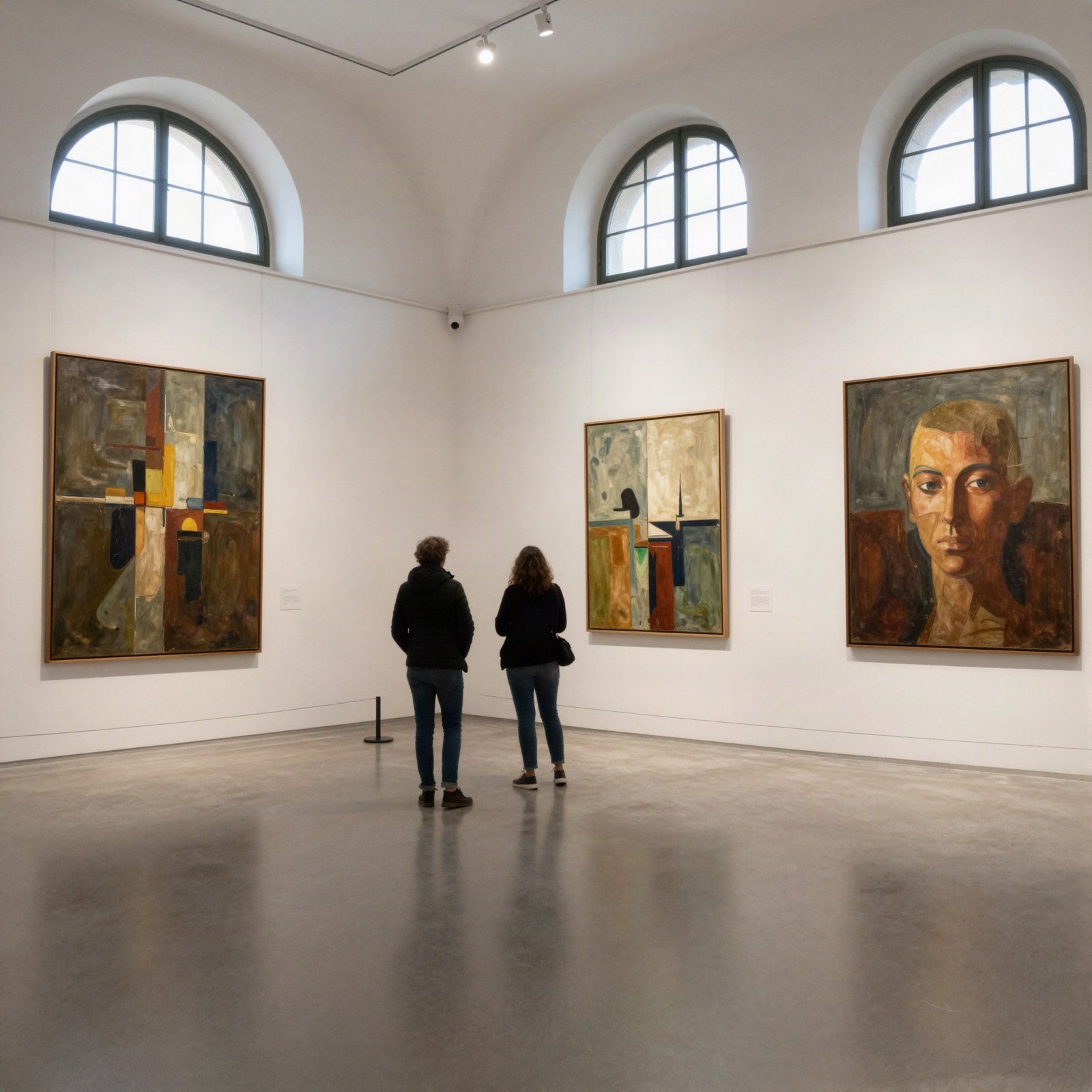 Visitors looking at large paintings in a white gallery with arched windows