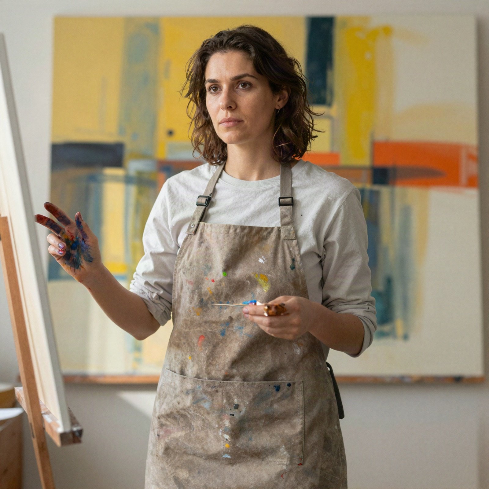 The painter in a paint-stained apron in front of an abstract canvas