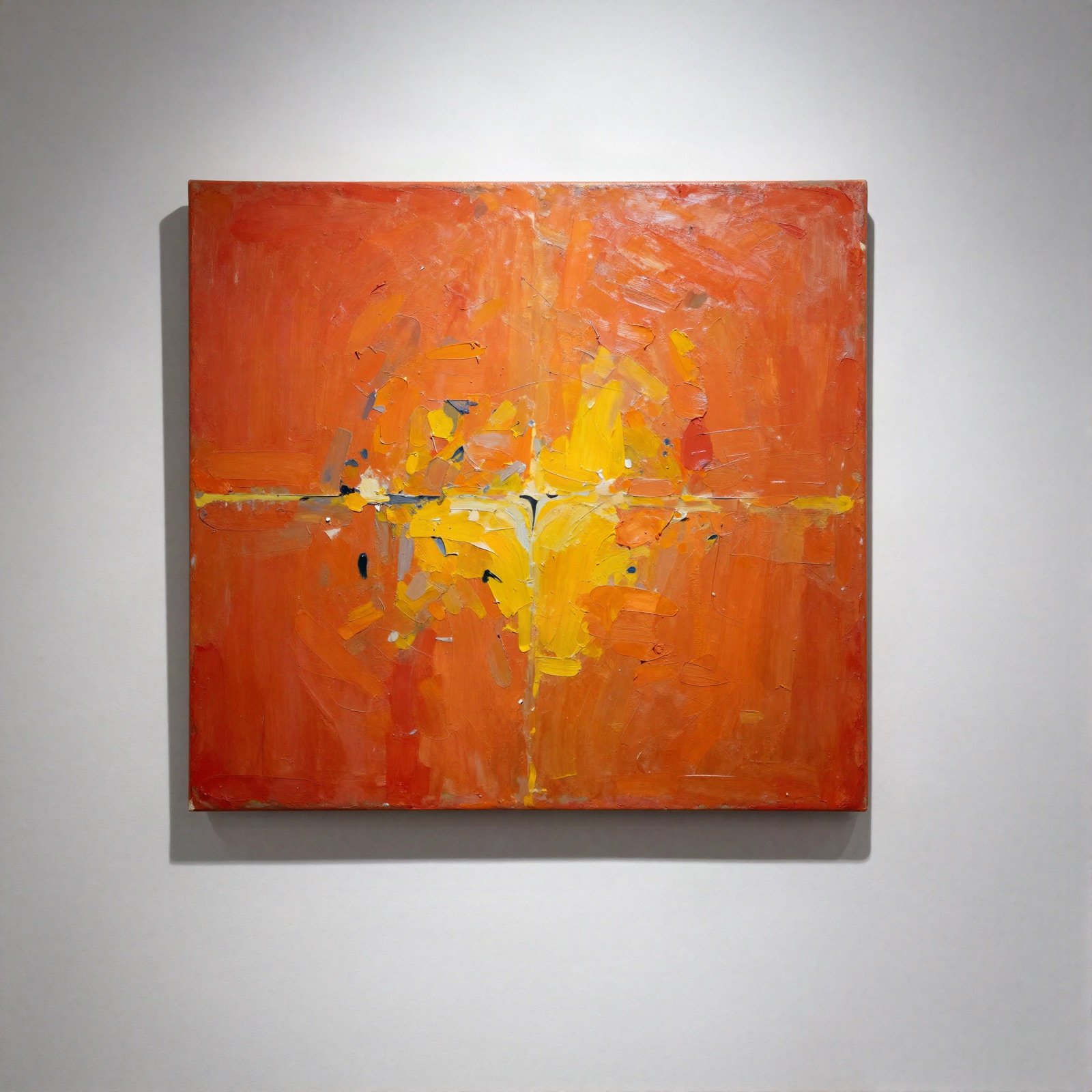 Abstract painting in bright red, orange and yellow palette-knife strokes