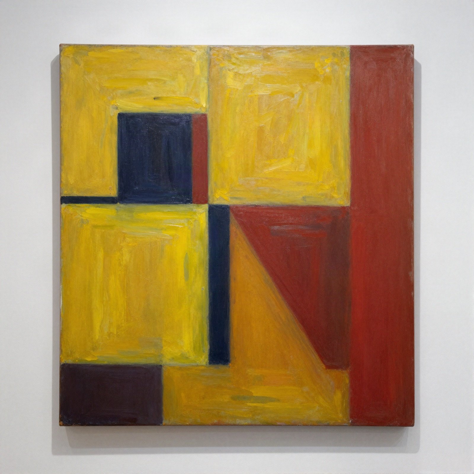 Geometric abstract painting in yellow, crimson and navy blocks