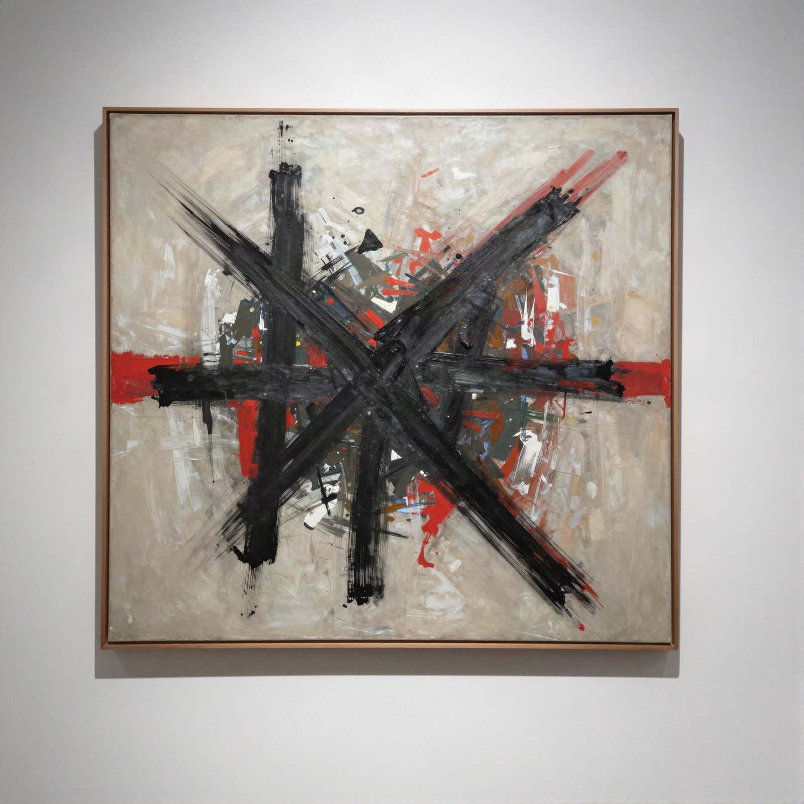 Expressive black brushstrokes over red and white