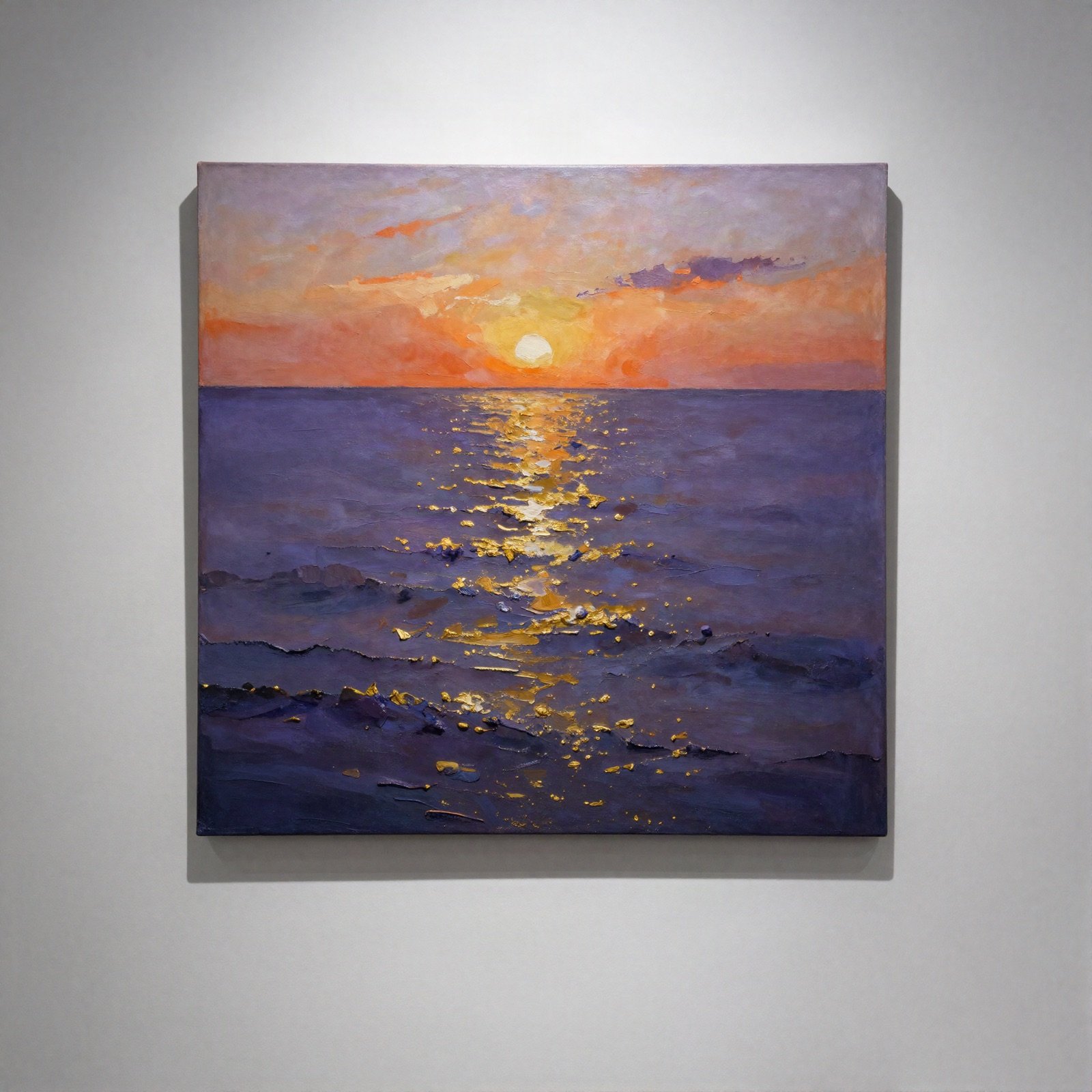 Painting of a coral sunset over a violet sea