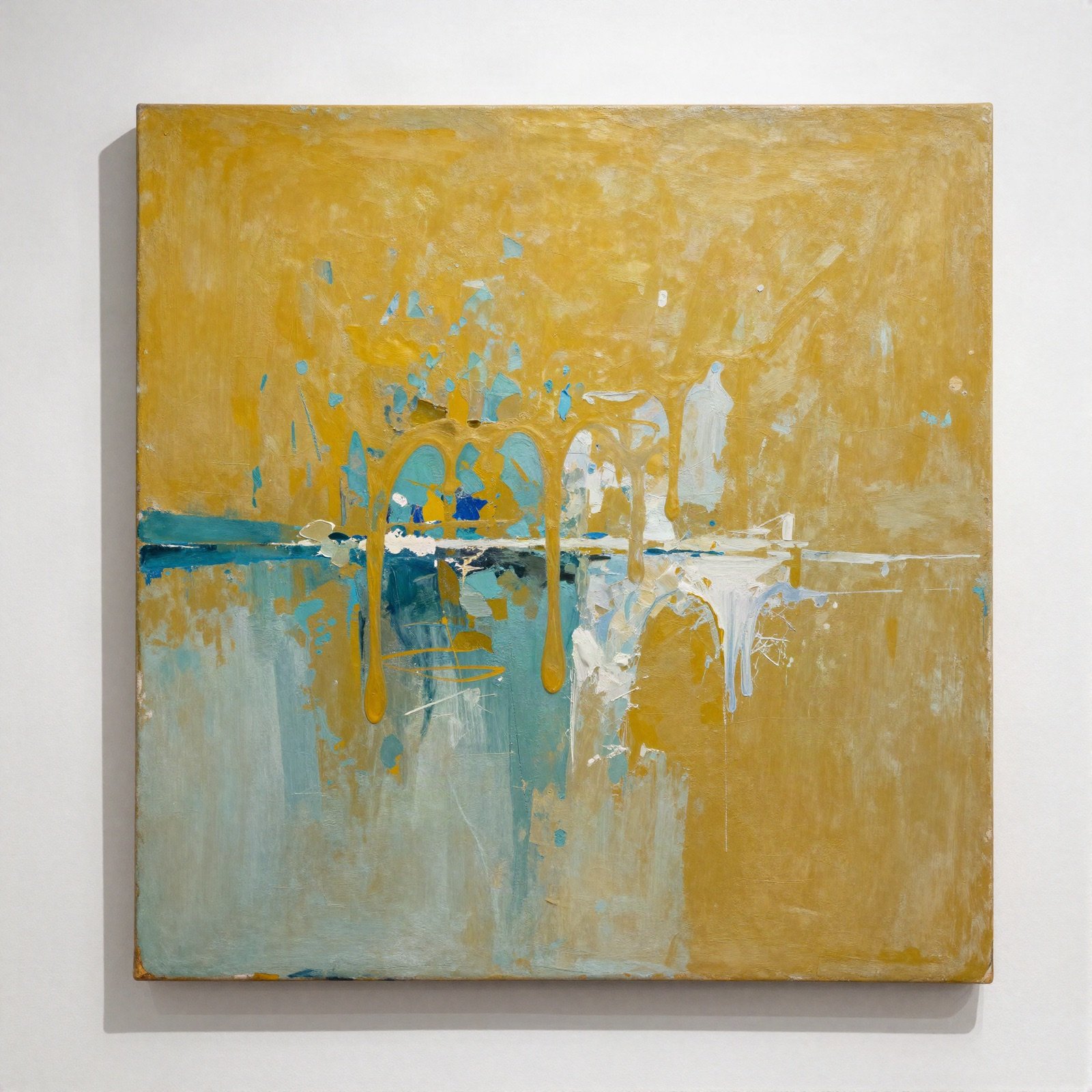 Abstract painting with mustard, teal and white drips