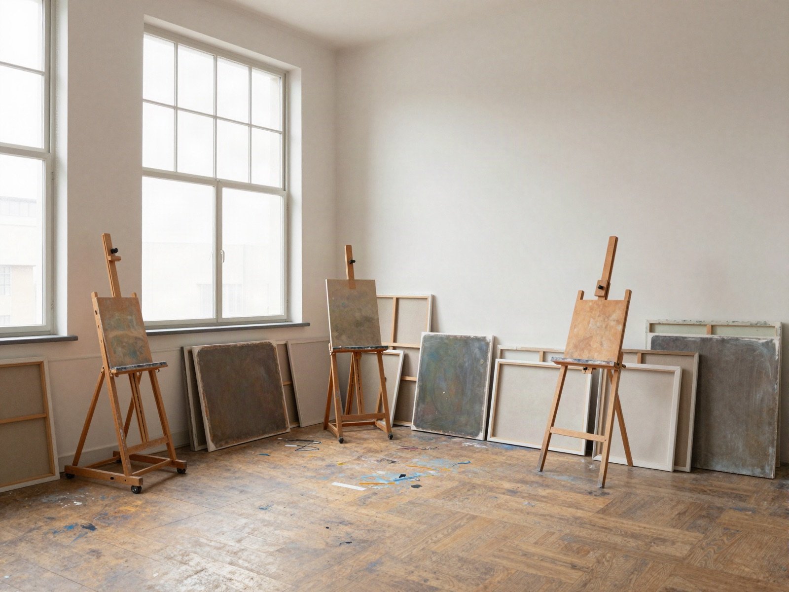 Bright studio with tall windows, easels and stacked canvases