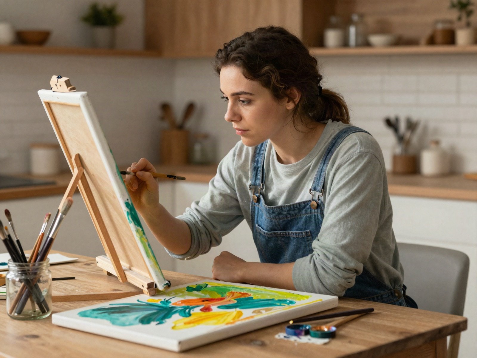 Young woman painting a colourful canvas at a kitchen table