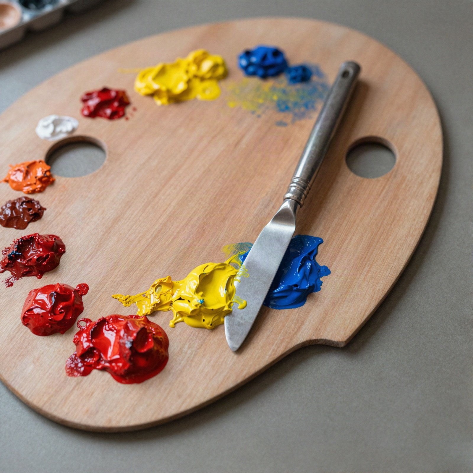 Wooden palette with thick red, yellow and blue paint and a palette knife