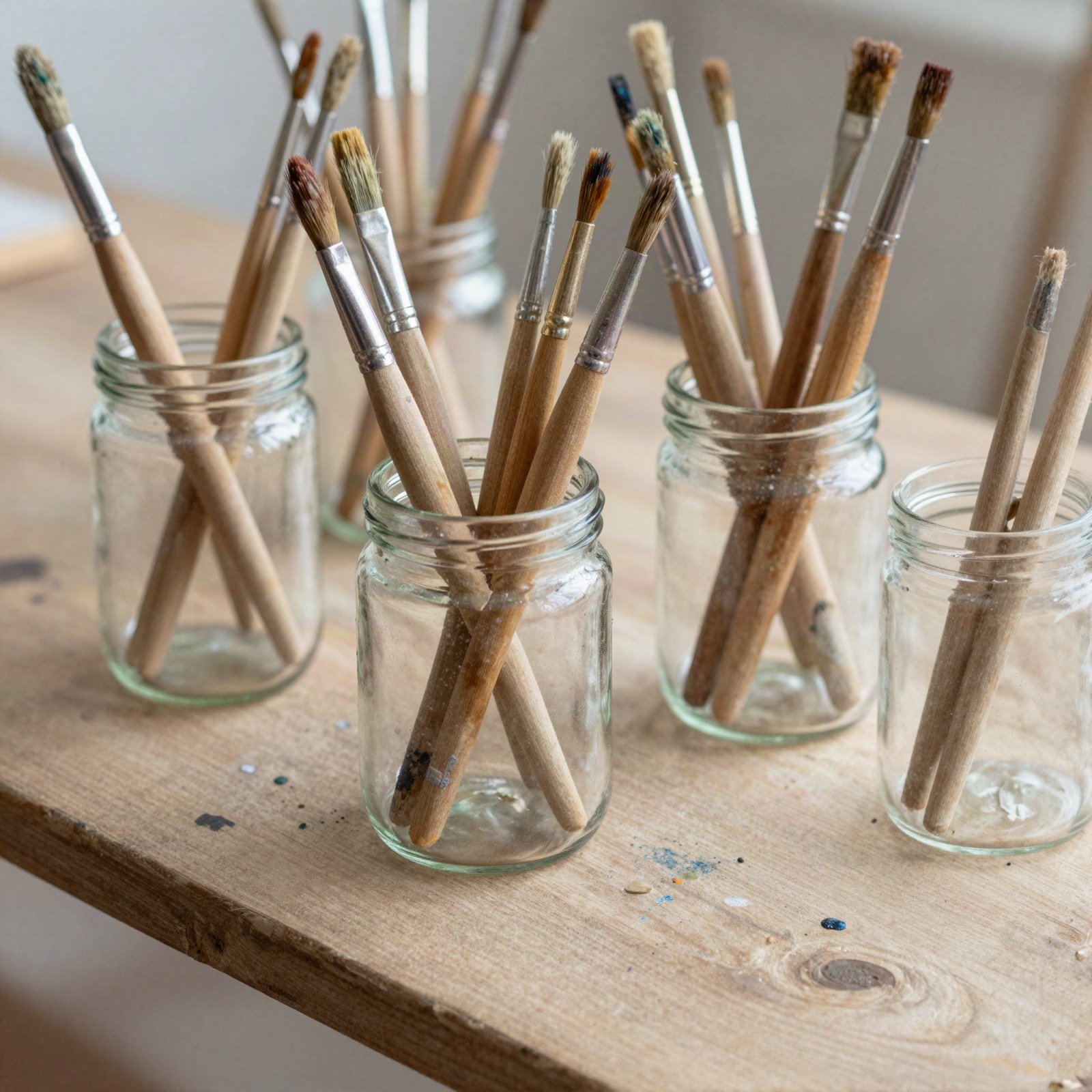 Glass jars of paint brushes on a paint-spattered workbench