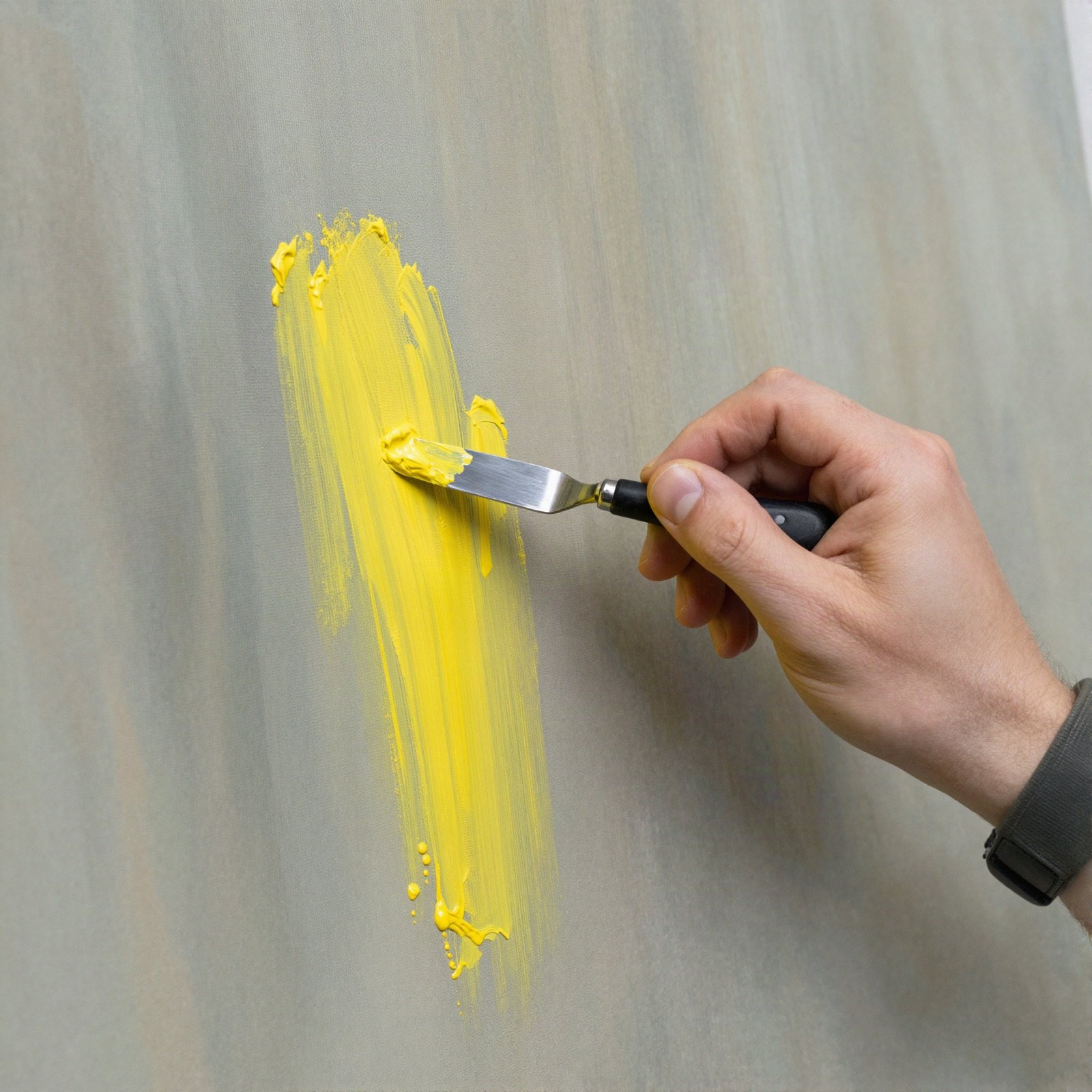 Palette knife applying a yellow stroke to a canvas