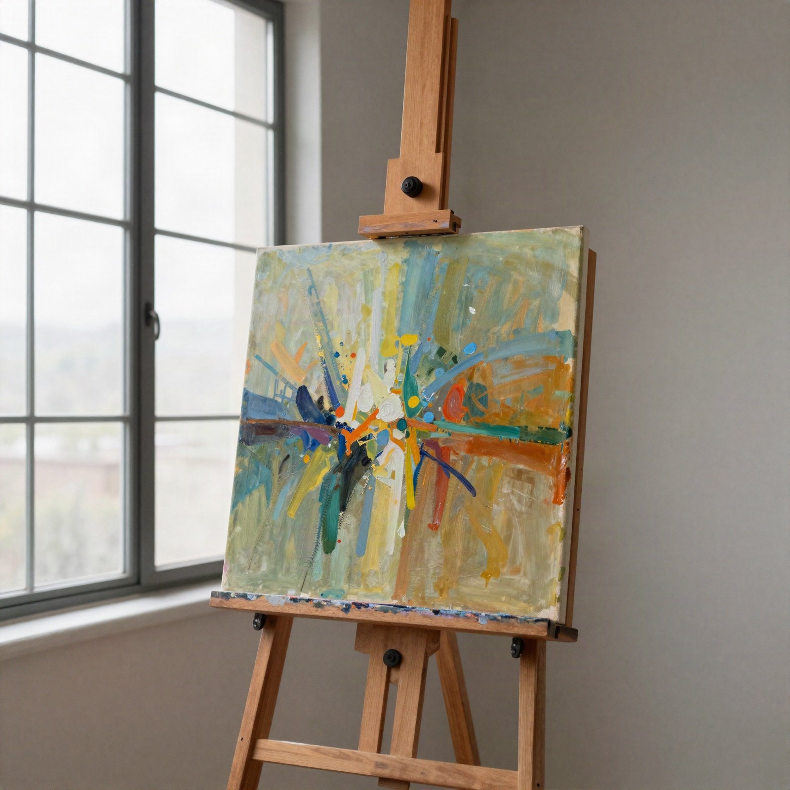 Easel with an unfinished abstract painting by a window