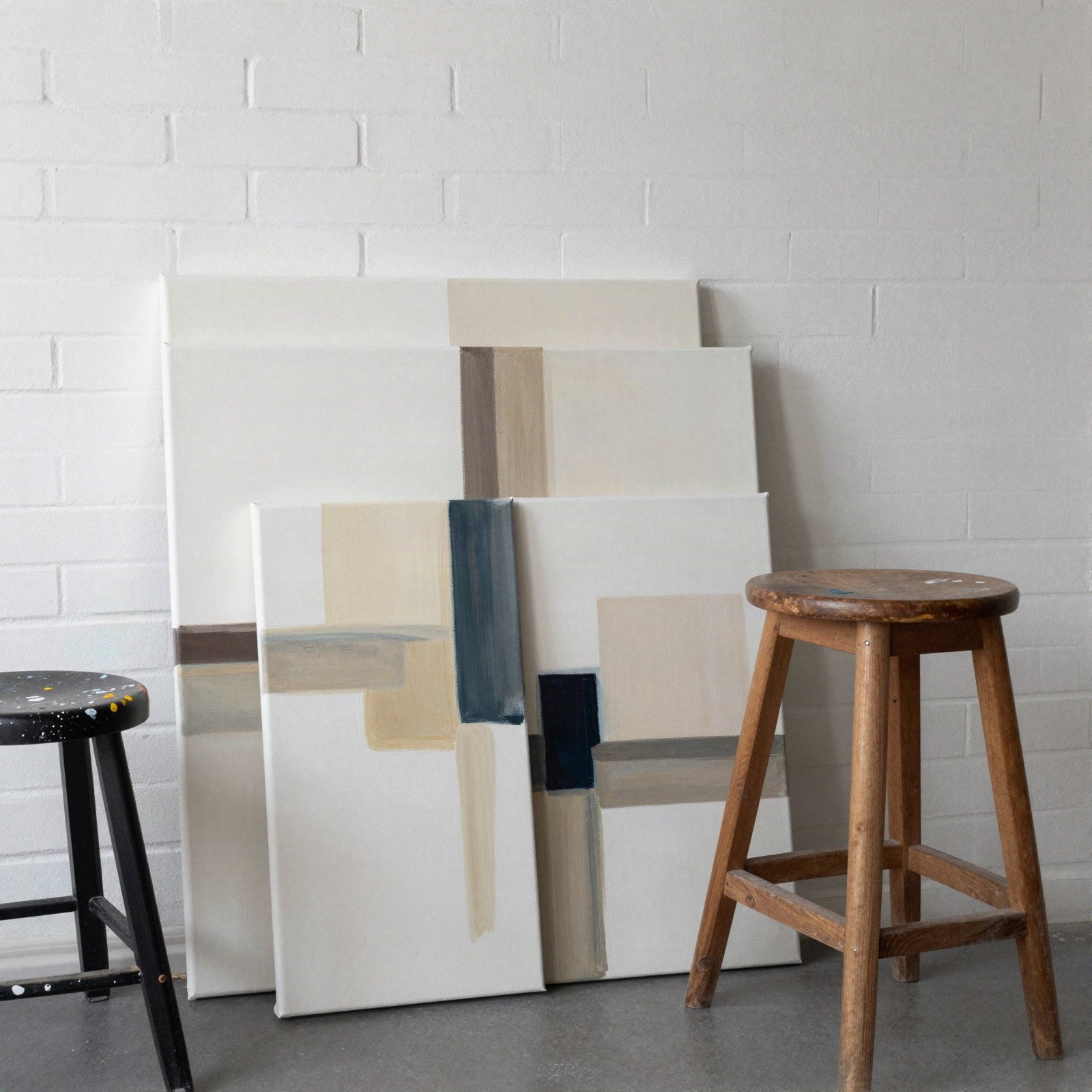 Finished canvases leaning against a white brick wall beside a stool