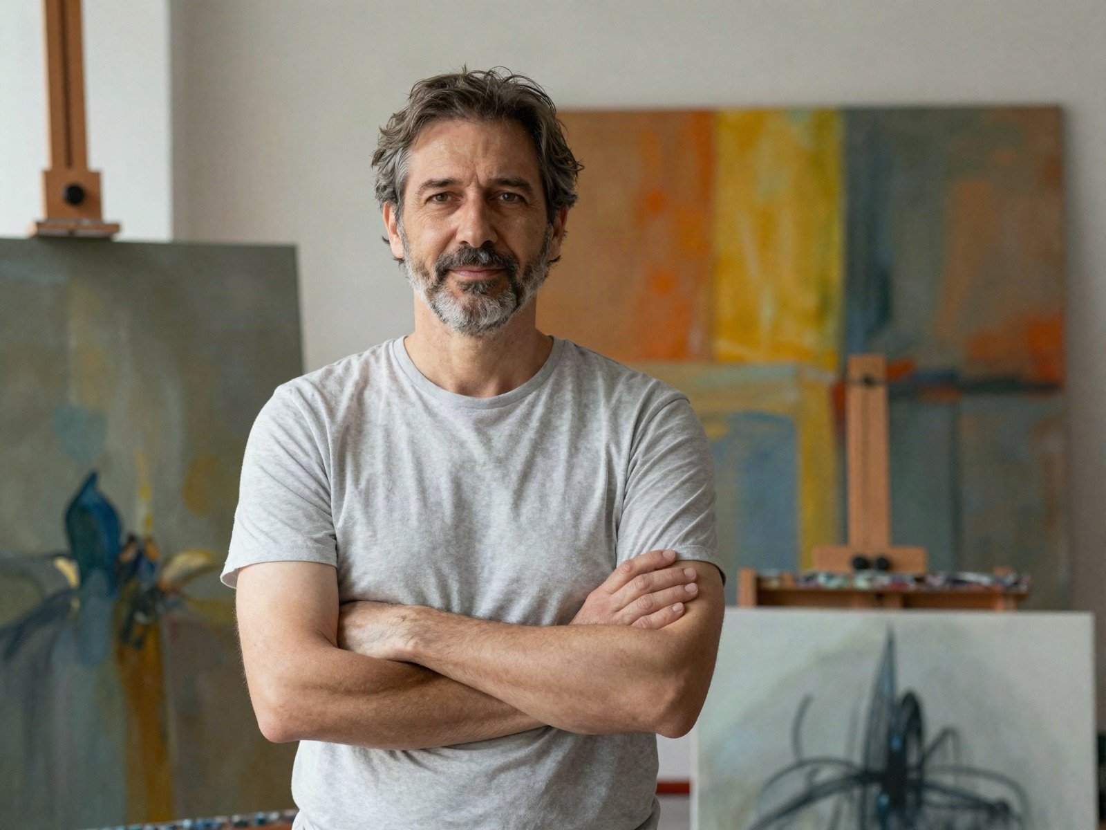 A painter standing with arms crossed in front of abstract canvases in his studio
