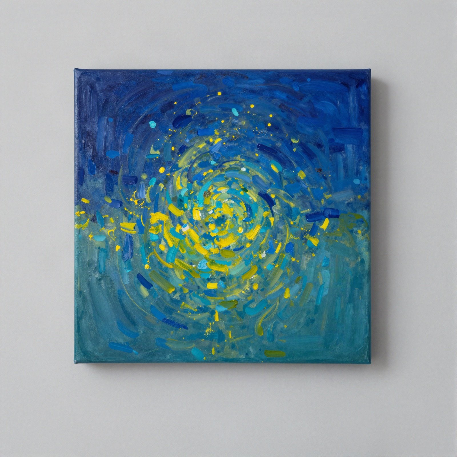 A square abstract painting of a deep blue night sky with swirling turquoise and yellow strokes