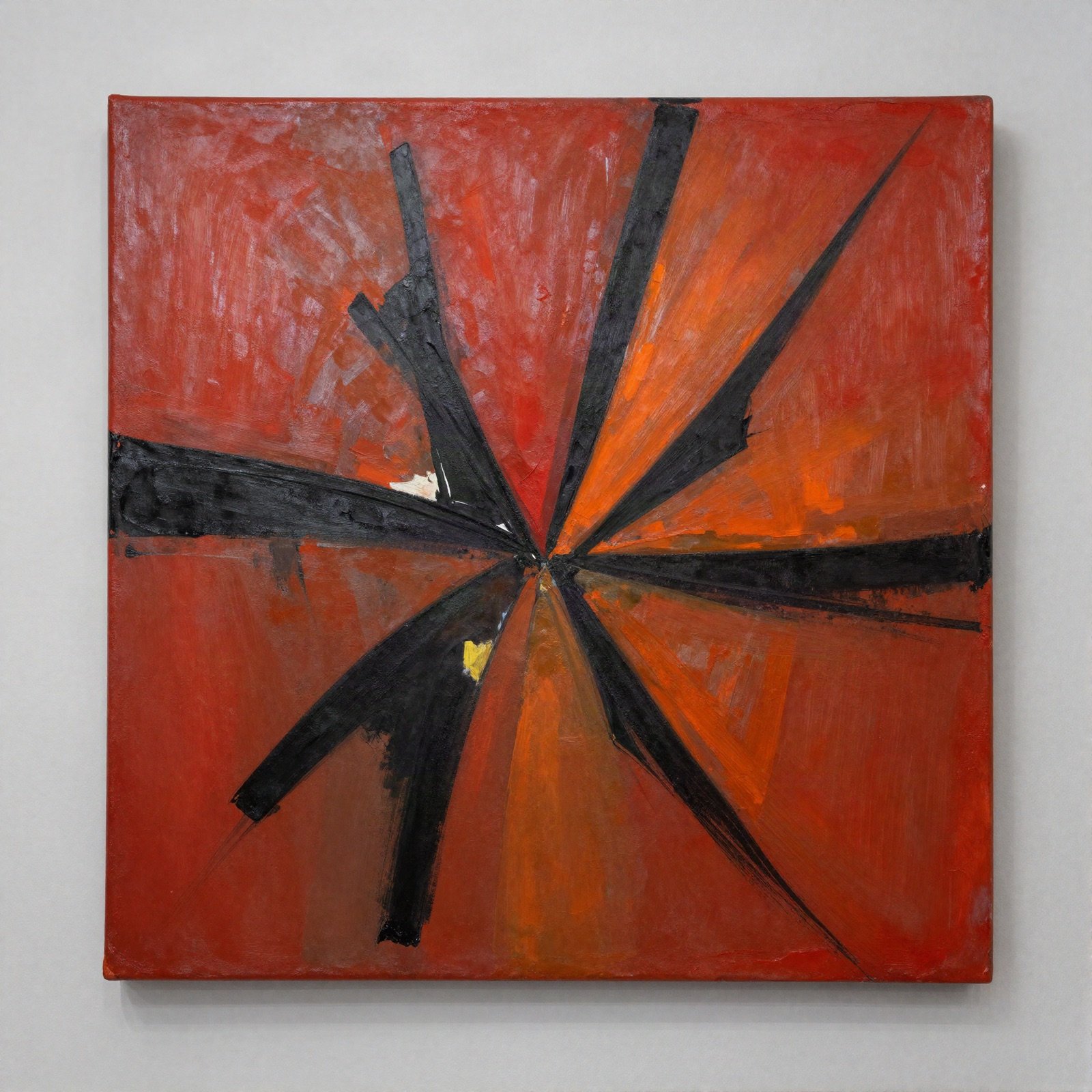A square abstract painting with bold black strokes radiating across red and orange
