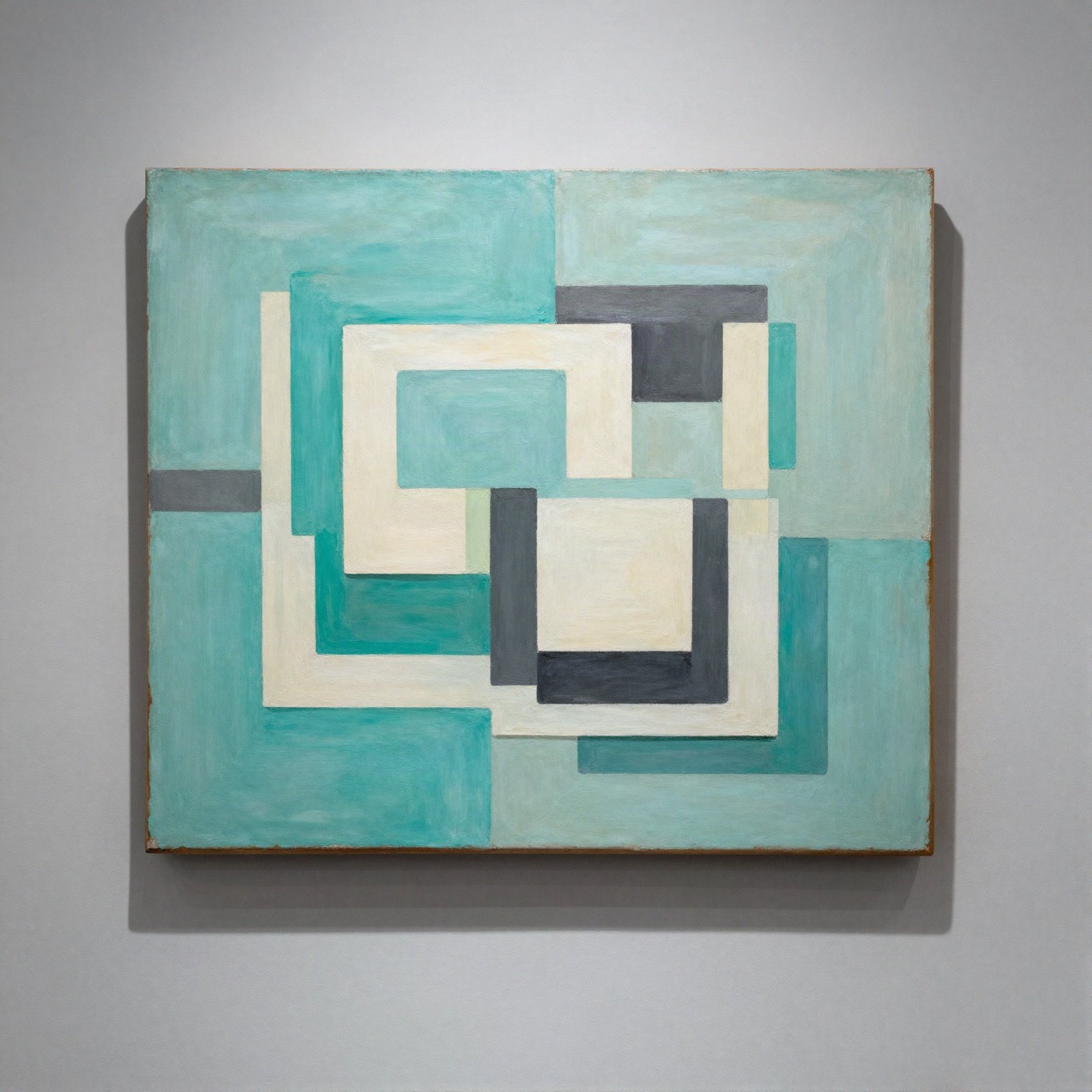 An abstract painting of overlapping turquoise, cream and charcoal rectangles