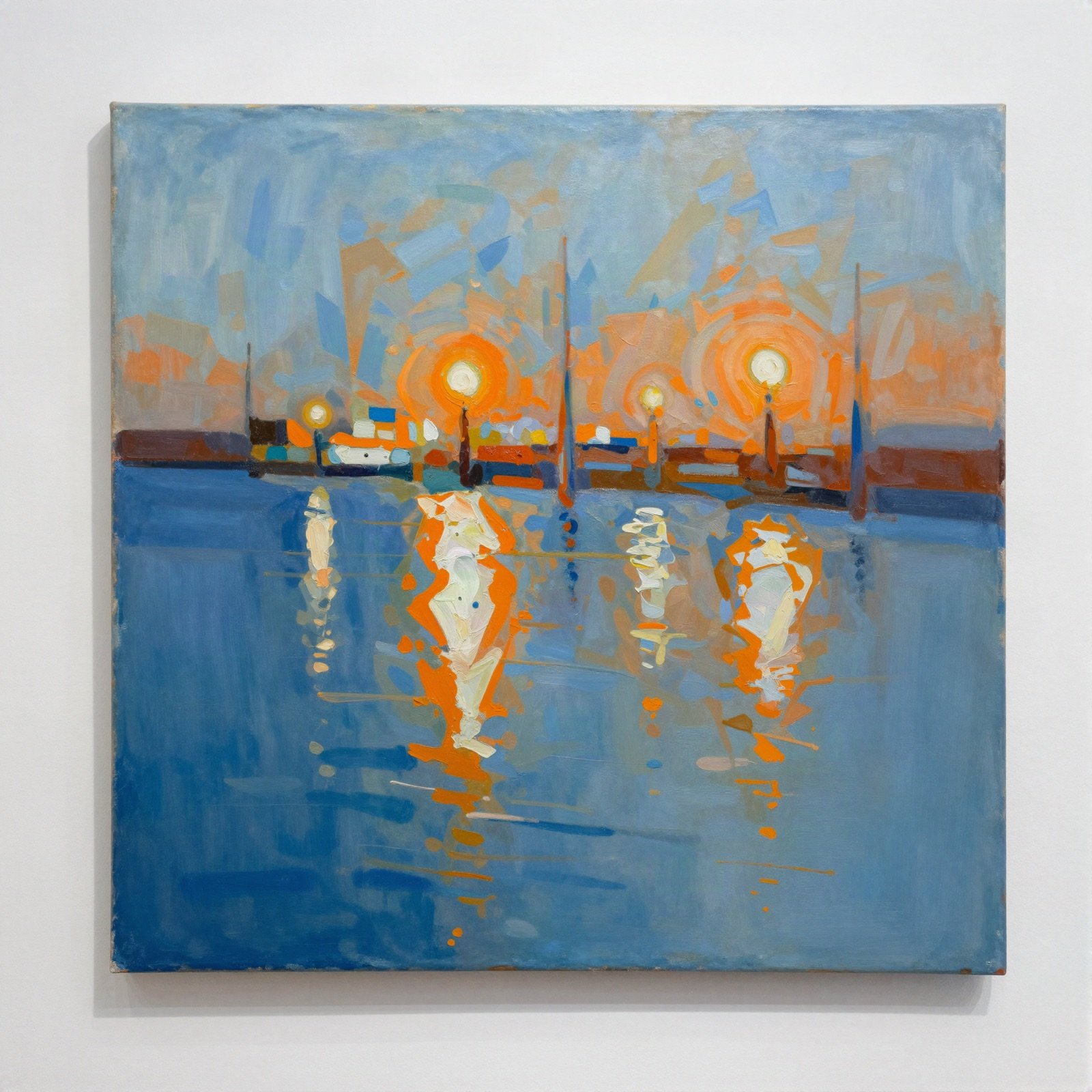 Abstract painting of harbour lights reflected in blue water