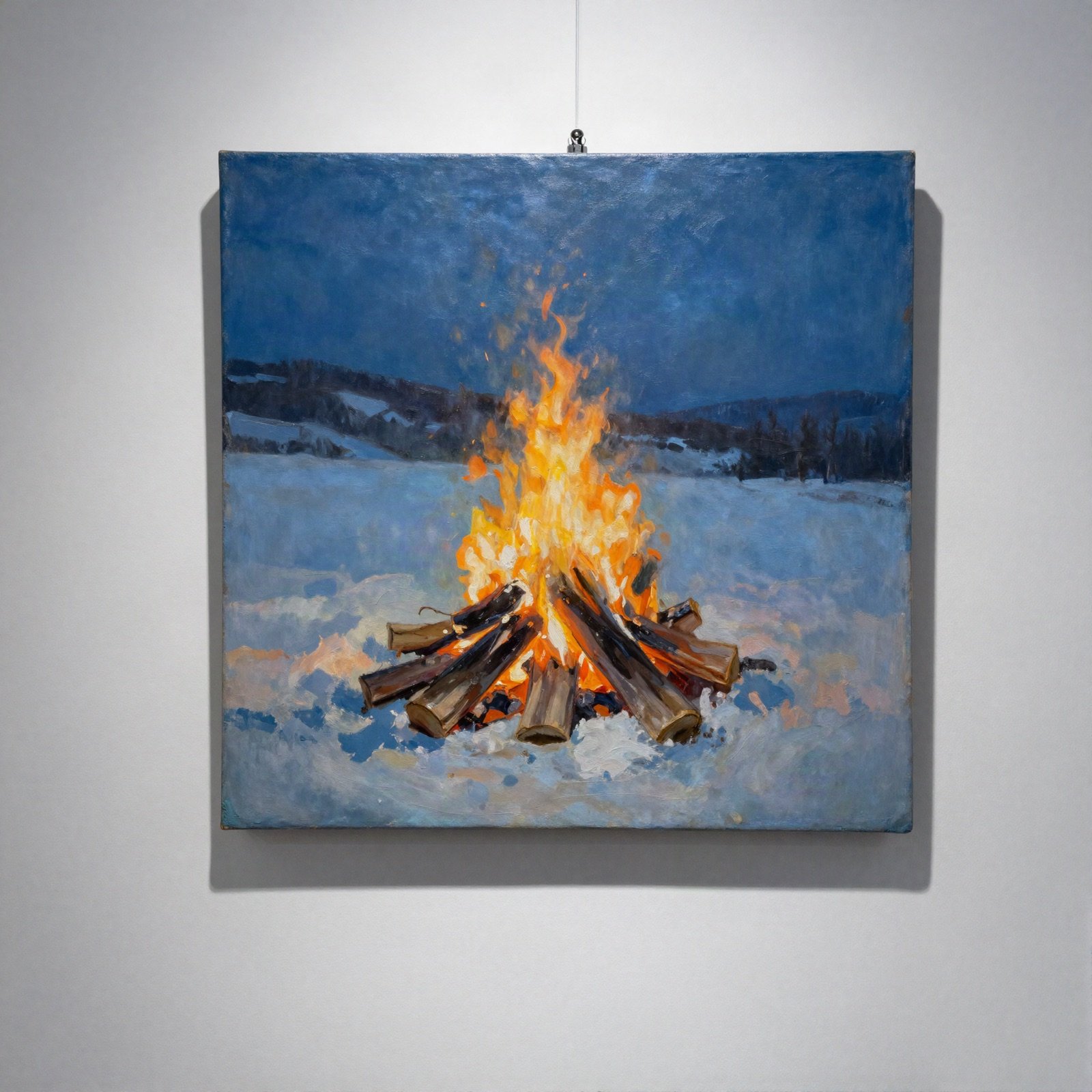Painting of a campfire glowing on snow under a blue night sky