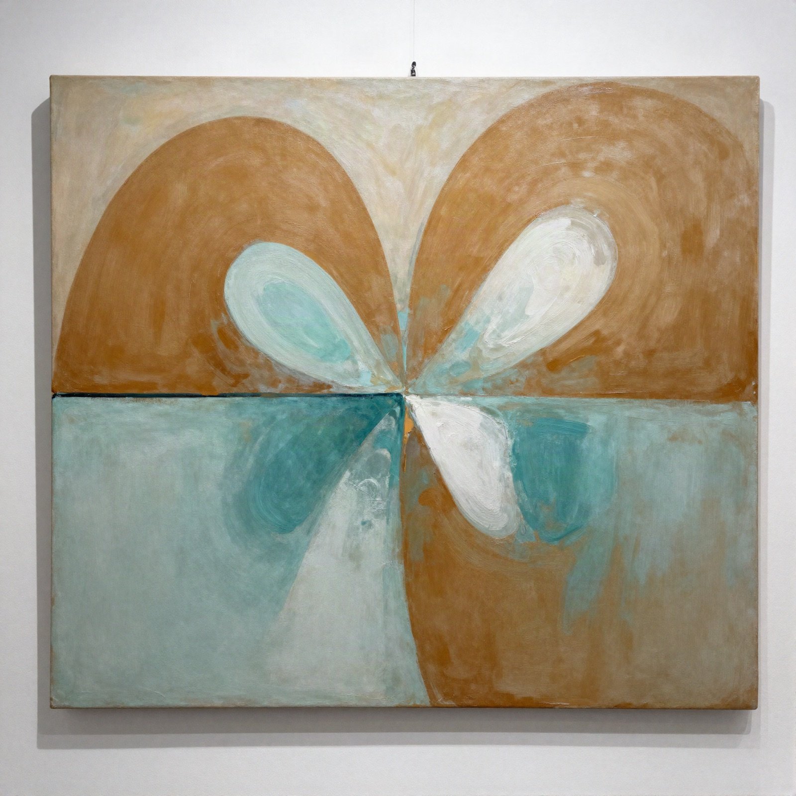 Abstract painting of two rounded forms in ochre, teal and white