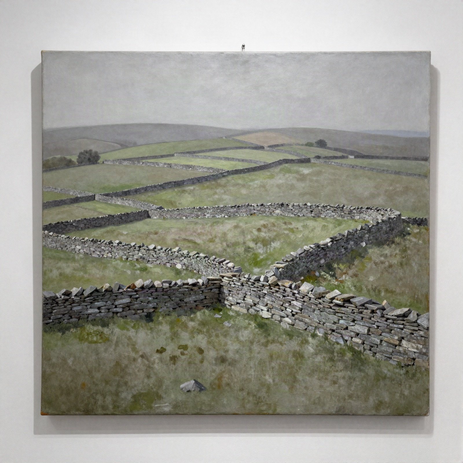 Landscape painting of dry-stone walls across green hills
