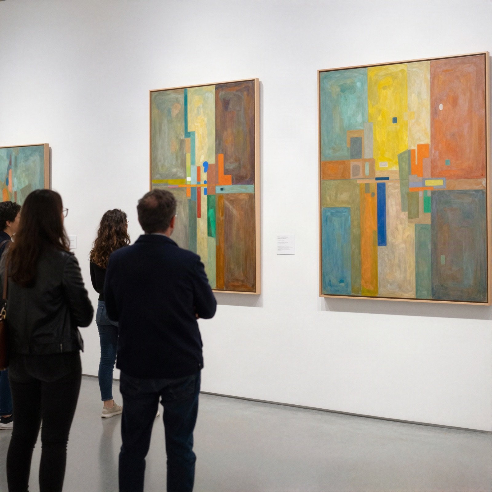 Visitors looking at large abstract canvases in a white gallery