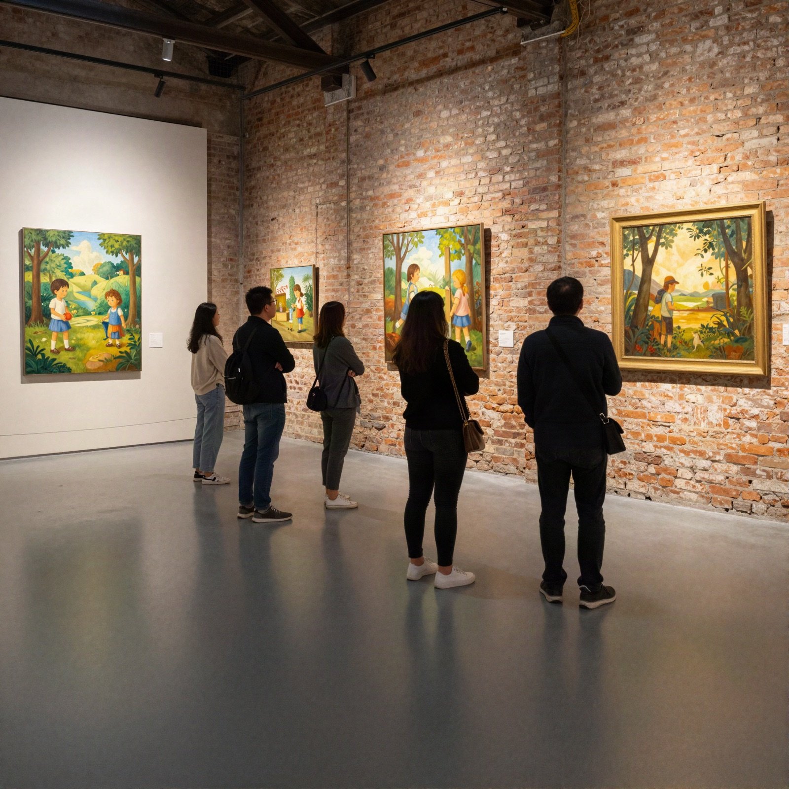 Group exhibition of colourful paintings on brick gallery walls