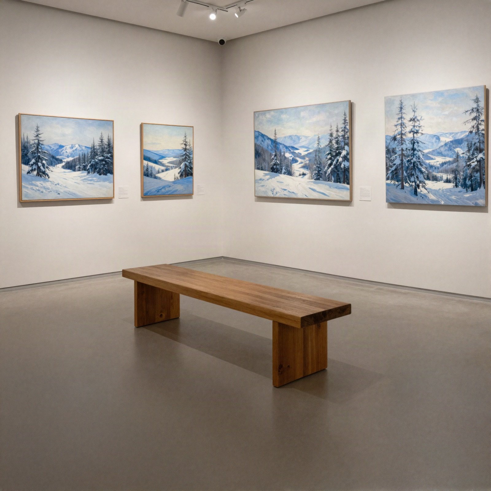 Gallery room hung with snowy landscape paintings