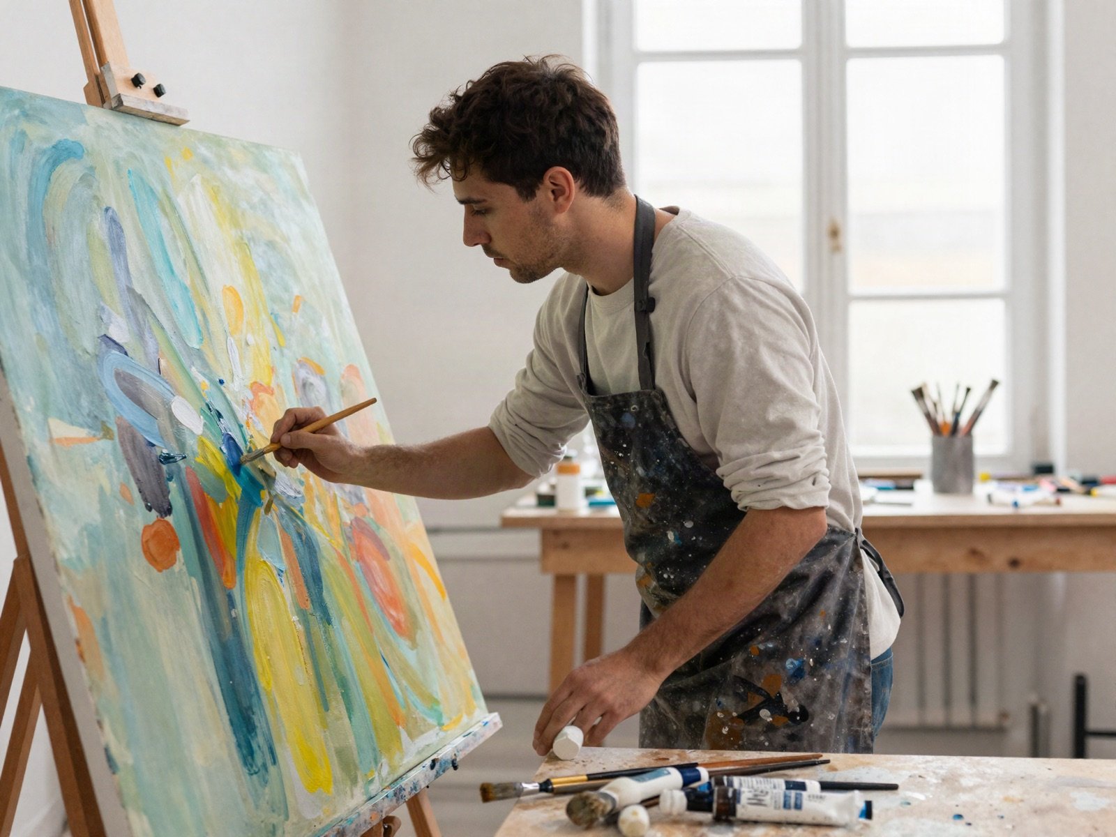 Painter in an apron working on a colourful abstract canvas