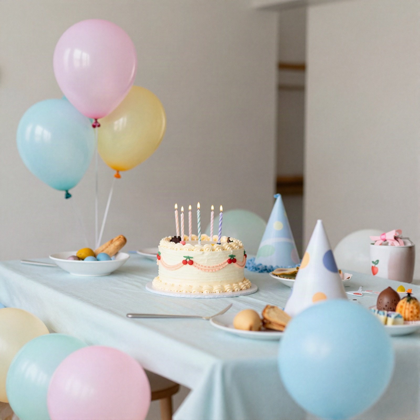 A birthday table with a frosted cake, pastel balloons and party hats