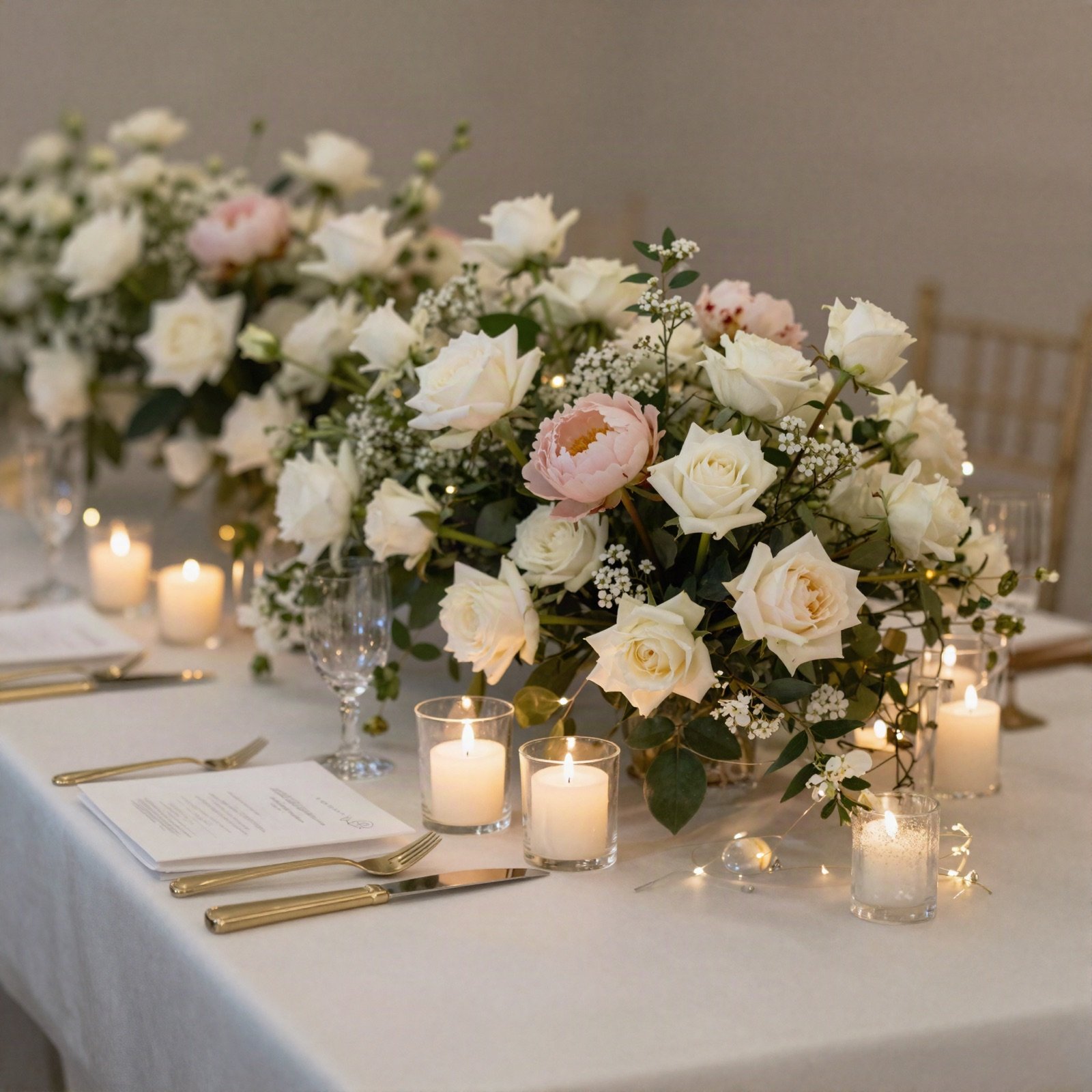 A wedding reception table with white roses, pink peonies and candles