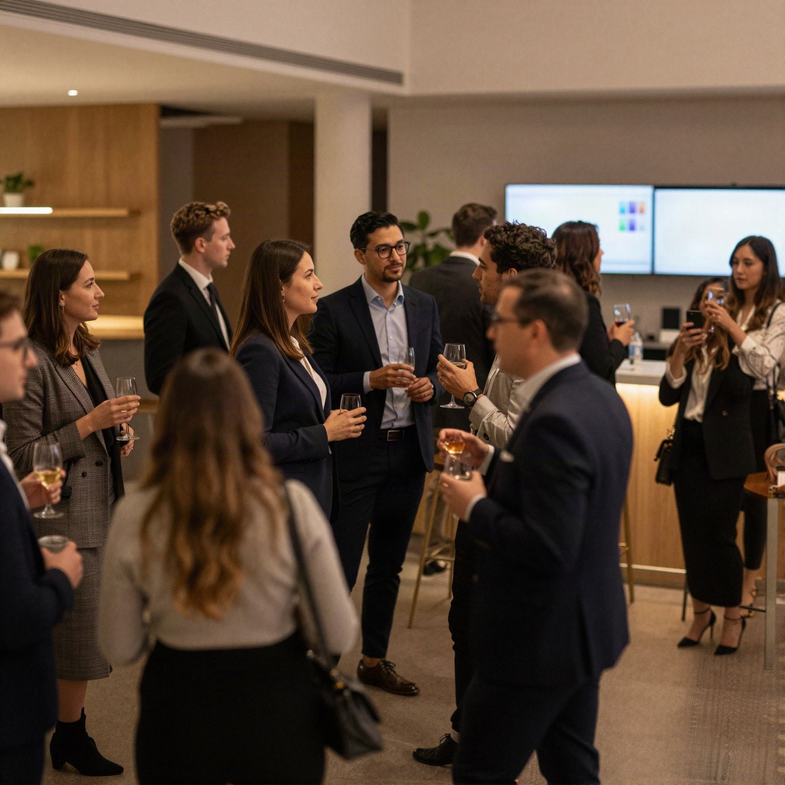 Guests in business attire chatting with drinks at a corporate evening event