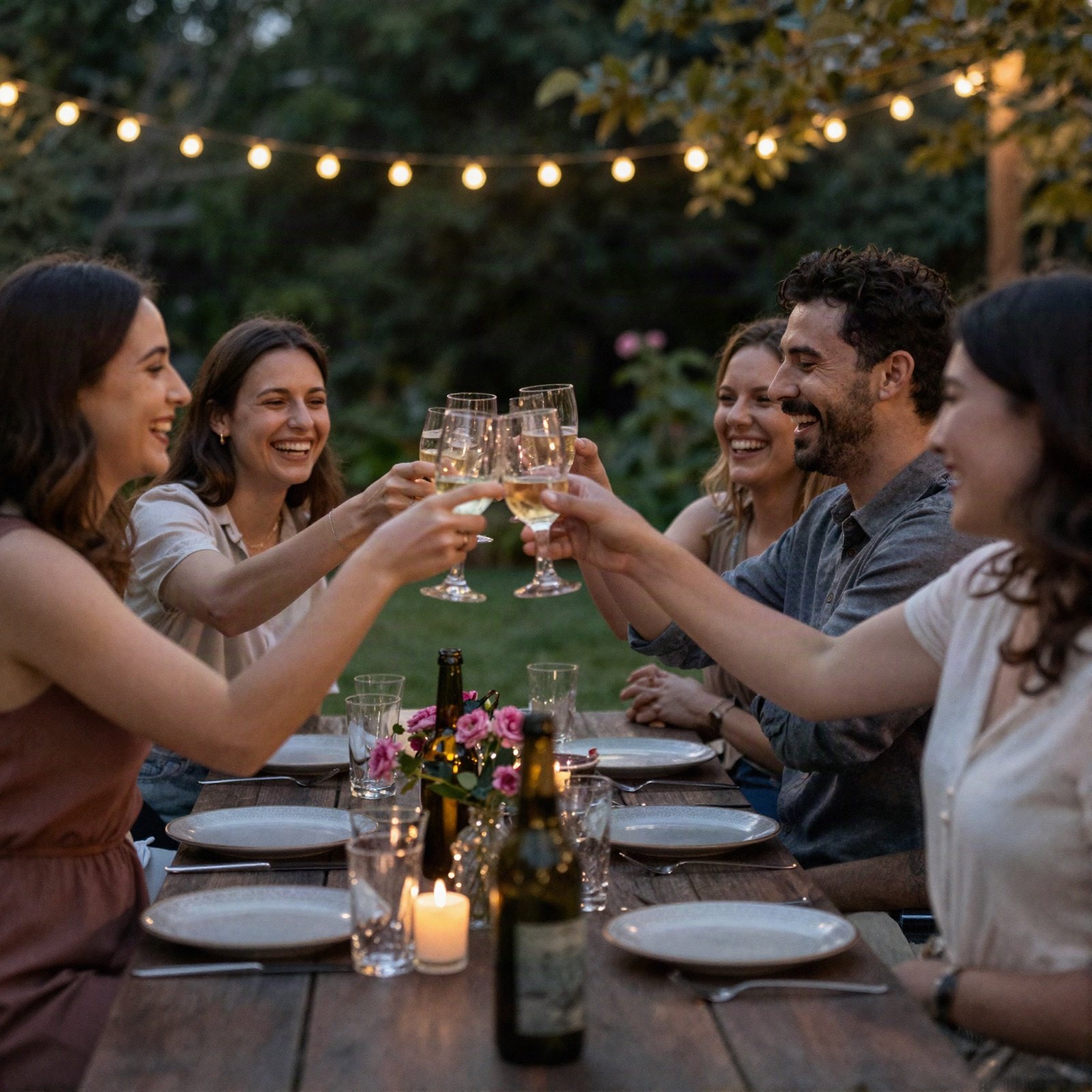 Friends toasting at a garden dinner party under string lights