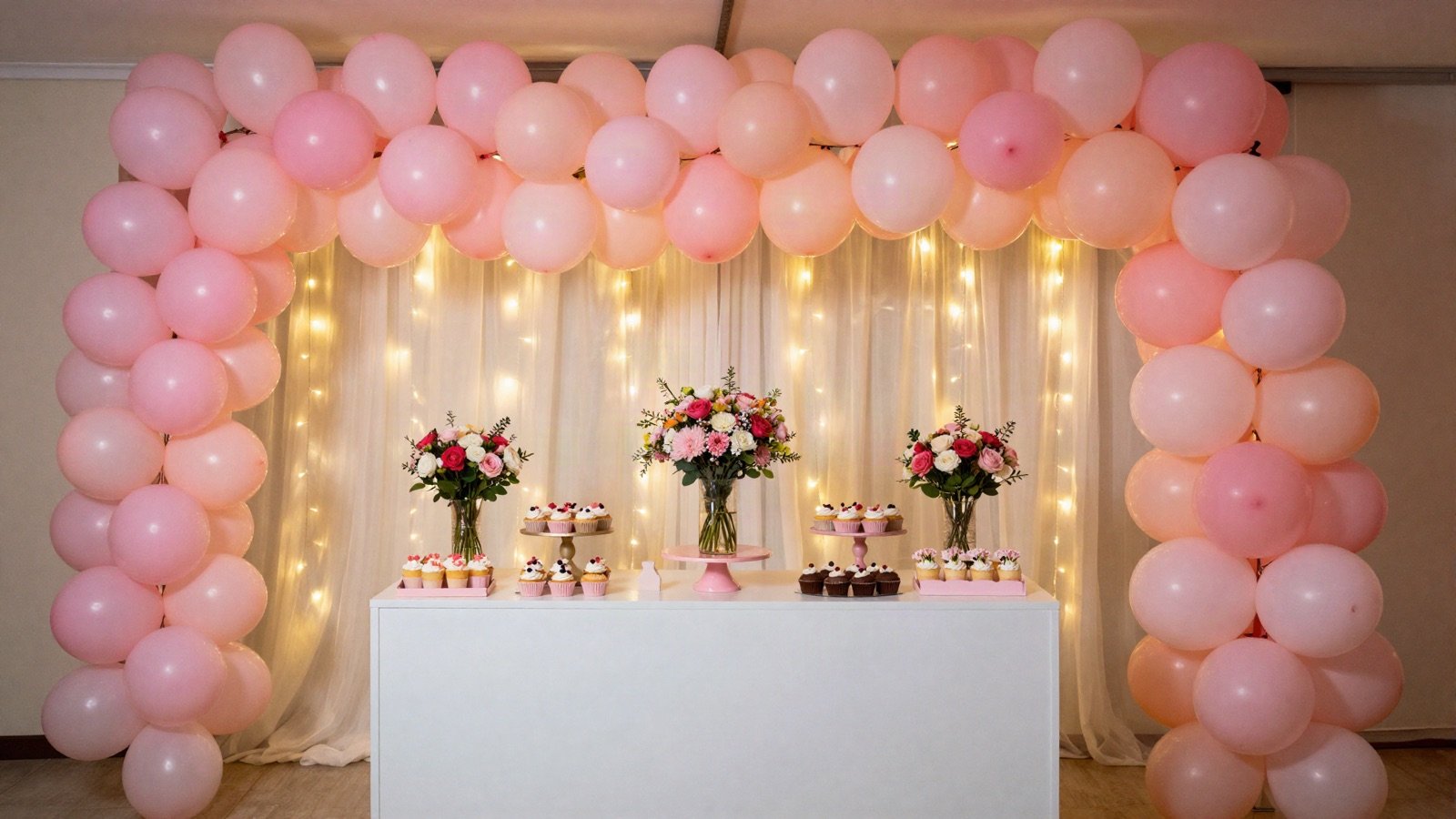 A dessert table framed by a pink balloon arch and string lights