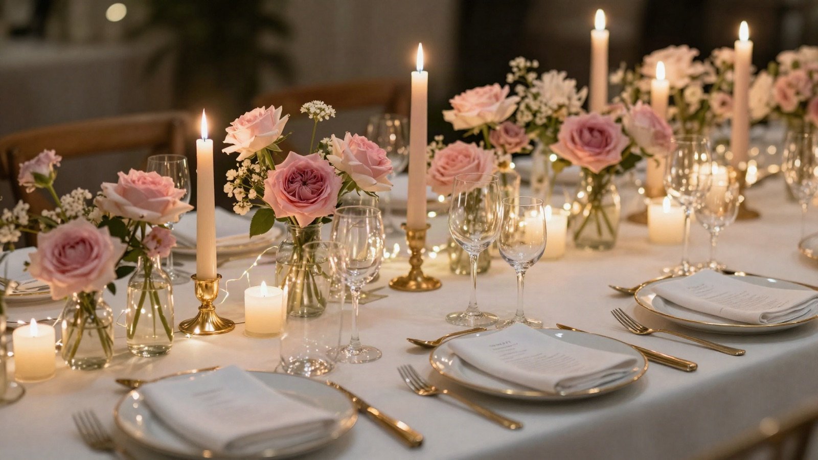 A candle-lit celebration table with pink roses and gold cutlery