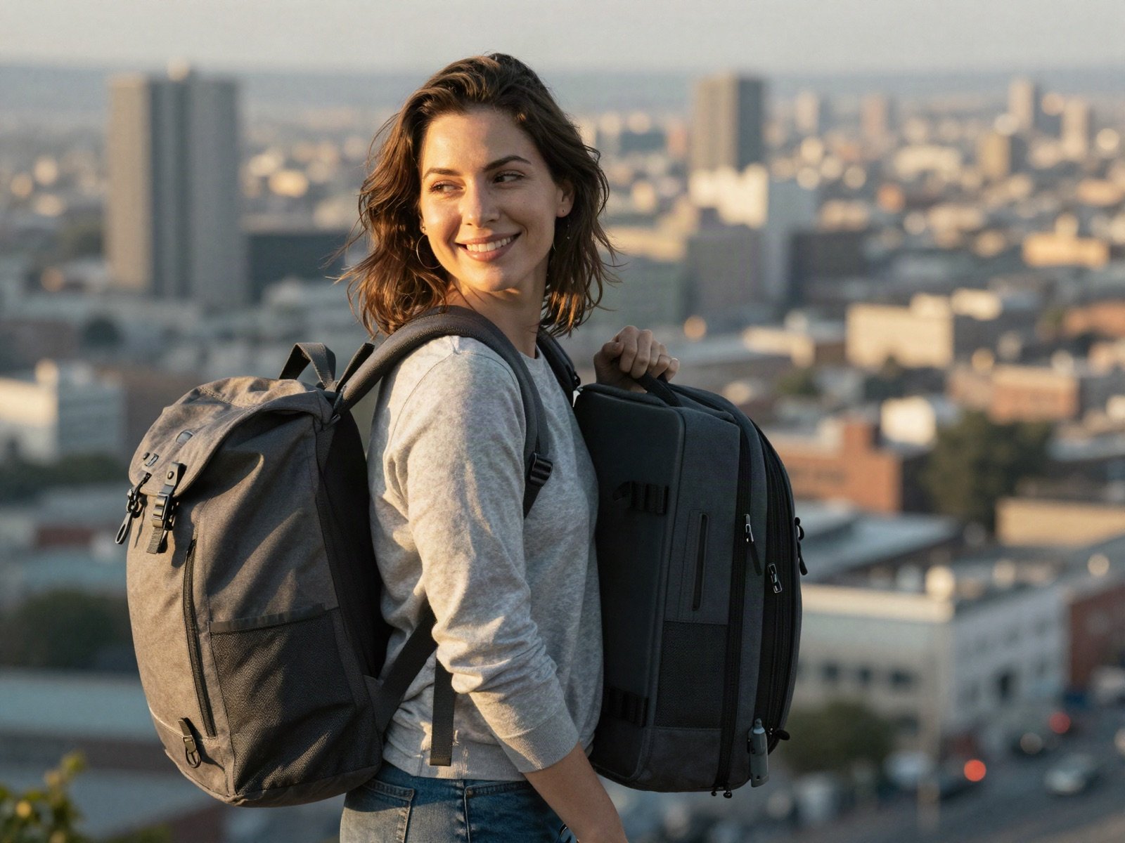 A smiling woman with a backpack and laptop bag at a city viewpoint